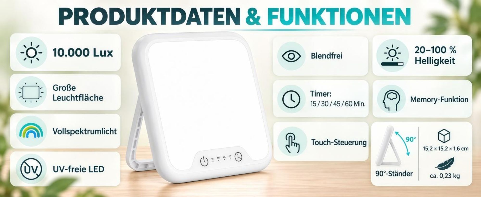 Tageslichtlampe, 10000 Lux lampe, Lichttherapiegeräte, 4 Timer, UV-Frei Sonnenlicht Lampe mit Touch-Steuerung, Stufenlosem Dimmen, Faltbar Halterung