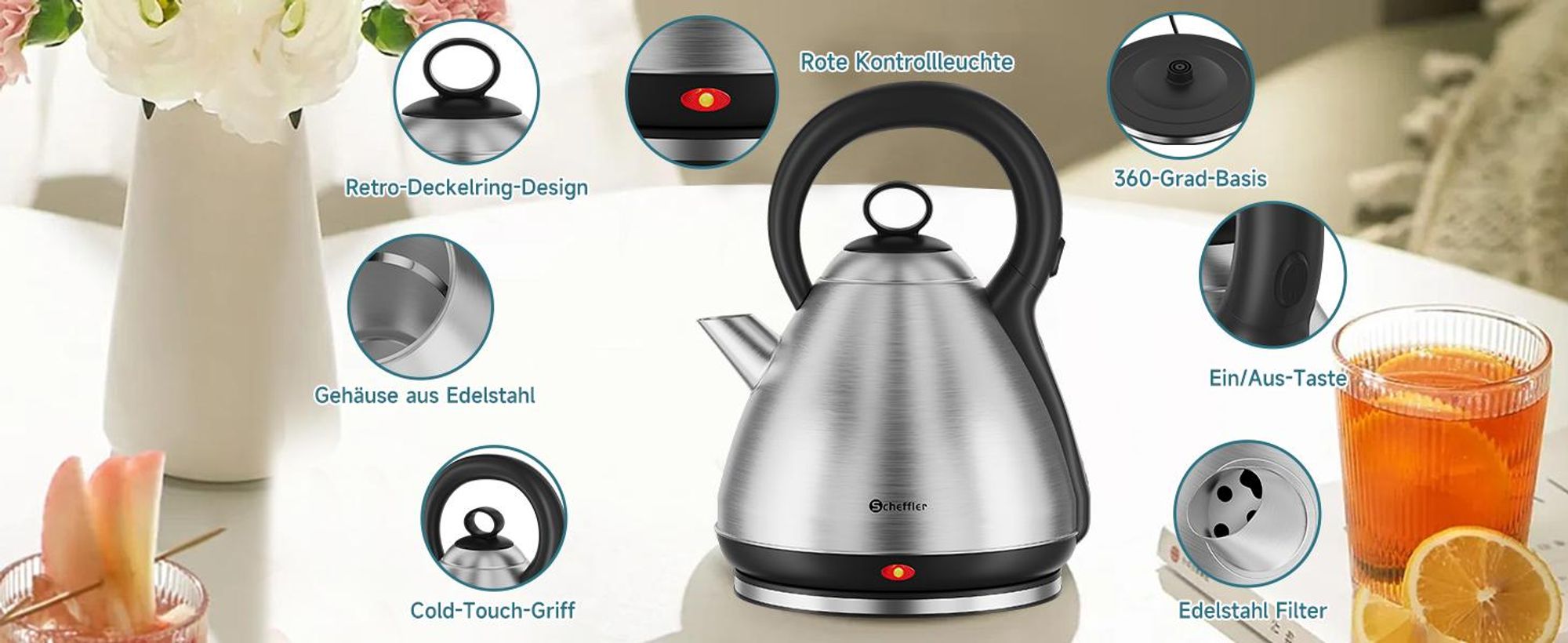 SCHEFFLER Wasserkocher Edelstahl 3,5Liter Teekocher Elektrischer Trockengehschutz Schnellkochfunktion Perfect-pour-Ausgustülle Fester Filter BPA-frei