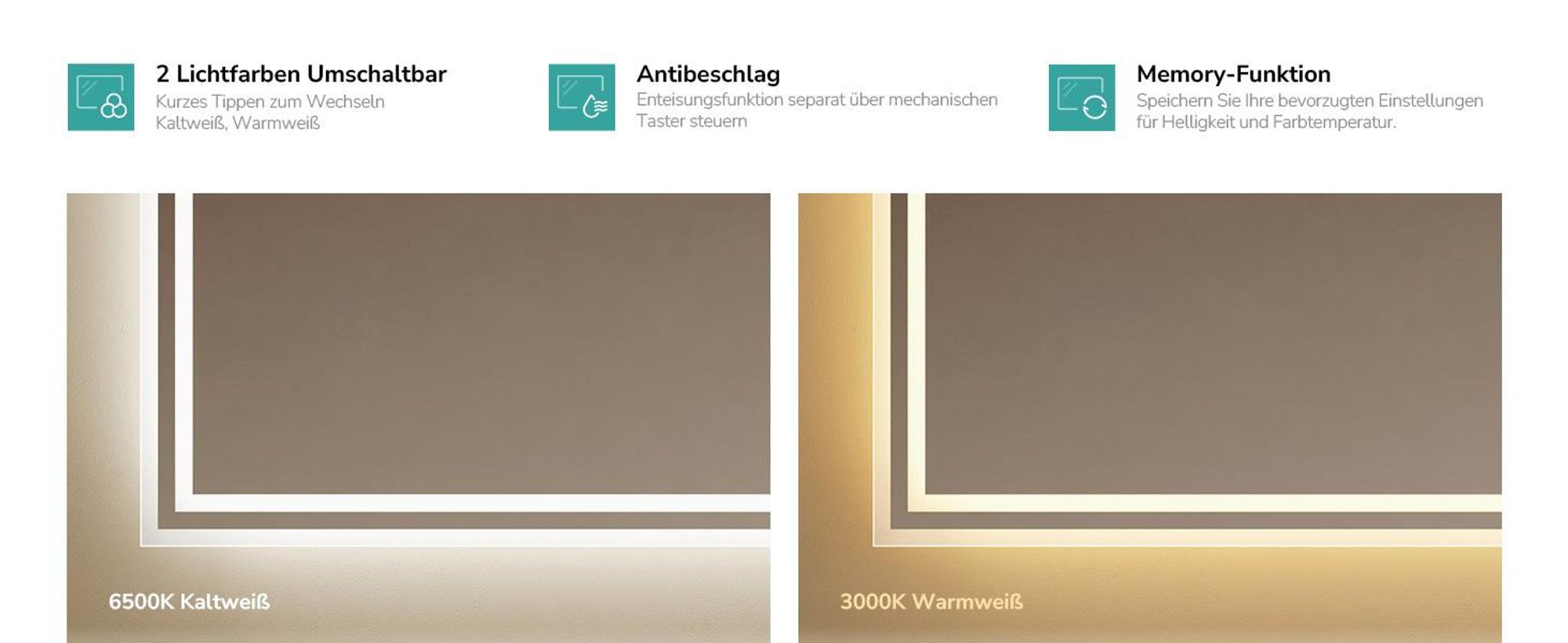 EMKE LED Badspiegel mit Beleuchtung 100X60 cm Antibeschlag, Wandspiegel Badezimmerspiegel mit mechanischem Schalter, 3000K/6500K Lichtfarben, IP44