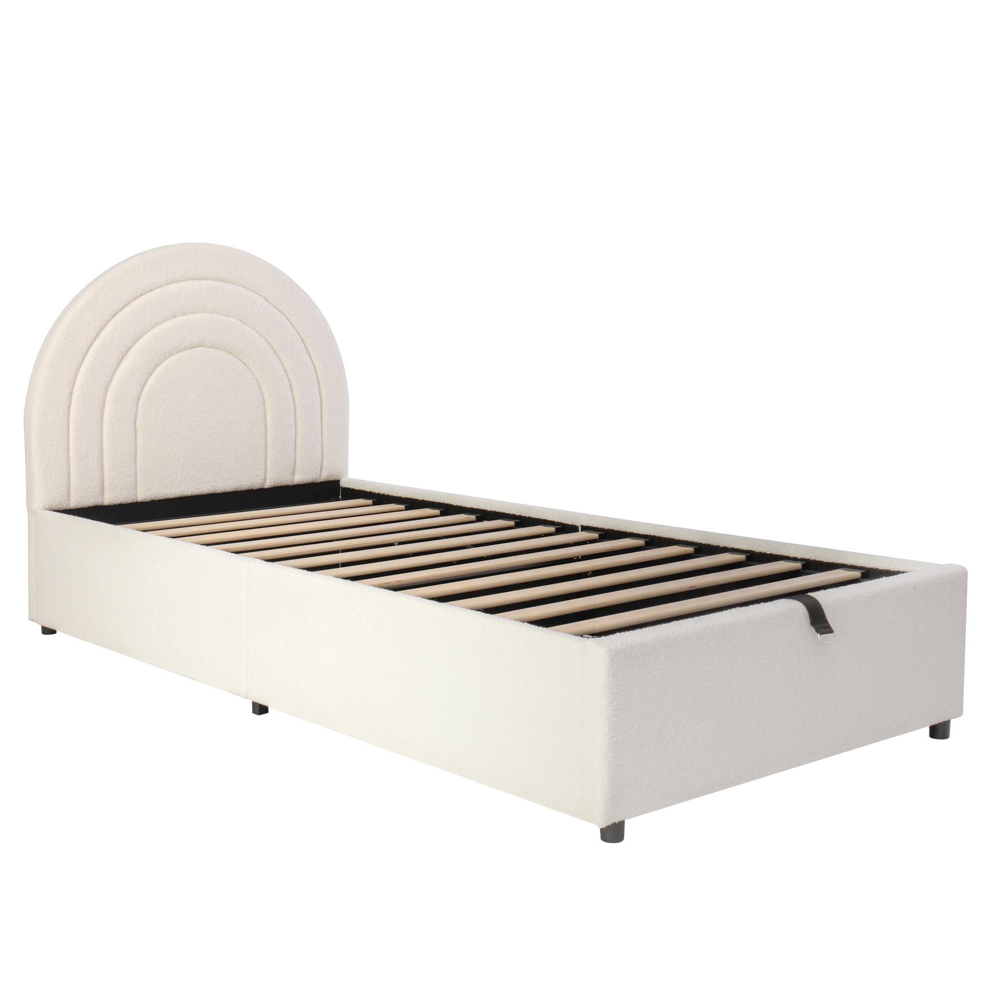 Flieks Hydraulisches Polsterbett 90x200cm, Kinderbett Jugendbett mit Regenbogenförmigem Kopfteil, Stauraumbett Einzelbett Bouclé, Beige