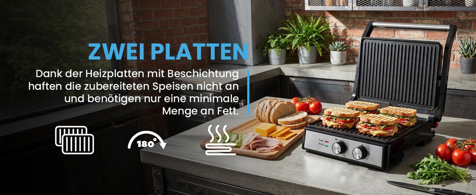 Kontaktgrill mit grosse Grillplate für 4 Sandwiches