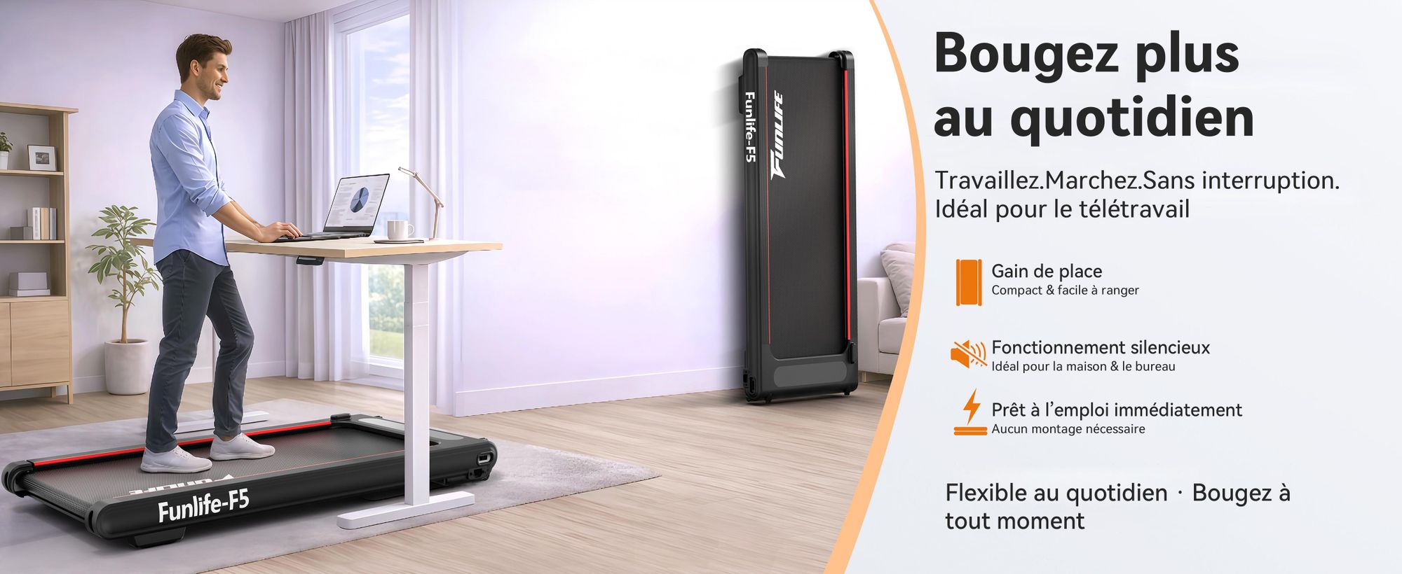 FunLife F5, tapis de marche 2-en-1 avec entraînement par vibrations – moteur sans balais, tapis de course silencieux pour la maison et le bureau, vitesse de 1 à 6 km/h, design compact