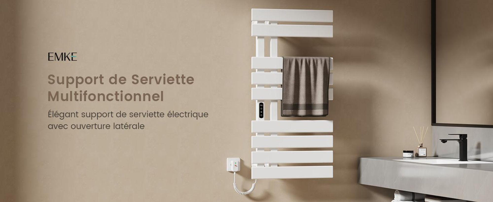 EMKE Sèche-serviettes électrique 850X400mm 230W blanc, intelligent WiFi App, LCD tactile, Minuterie 1-9H, IPX5