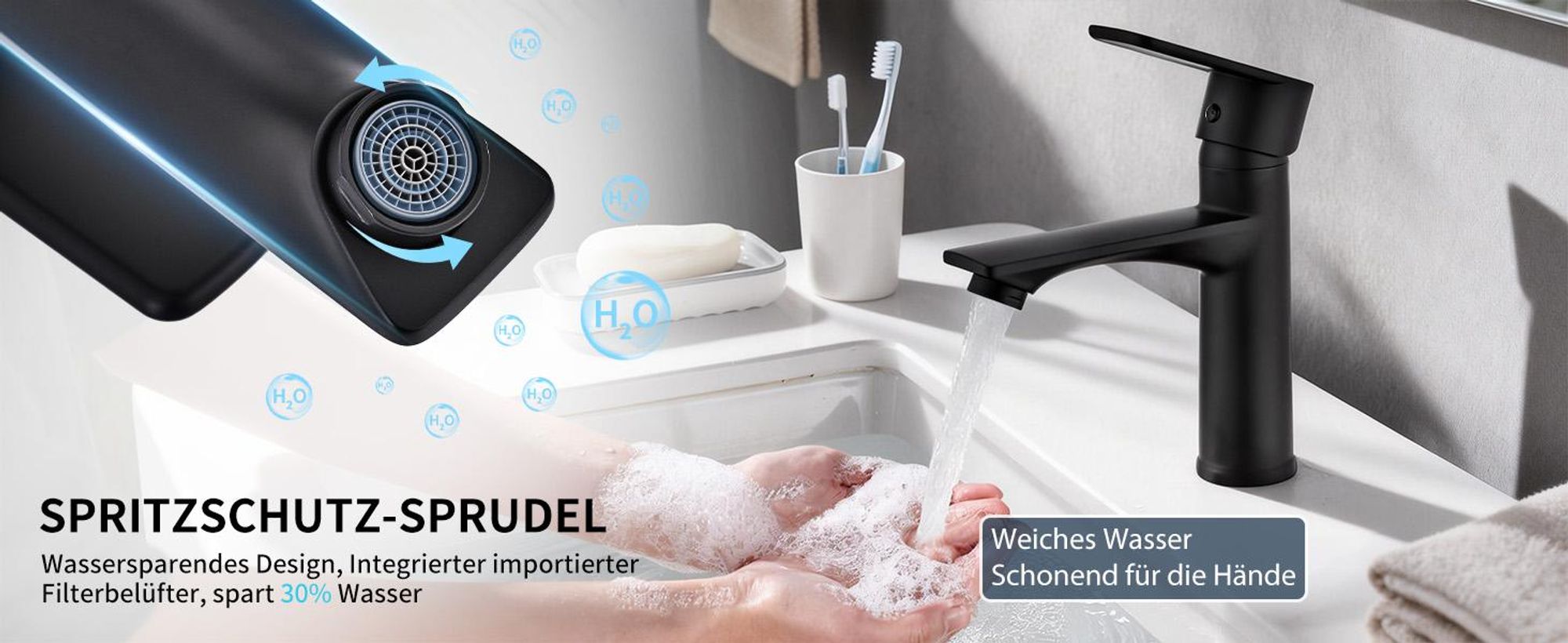 Homelody Wasserhahn Bad Schwarz +Universal Ablaufgarnitur Schwarz, Armatur Mischbatterie Waschbeckenarmatur mit Pop-Up Ventil Edelstahl Messing