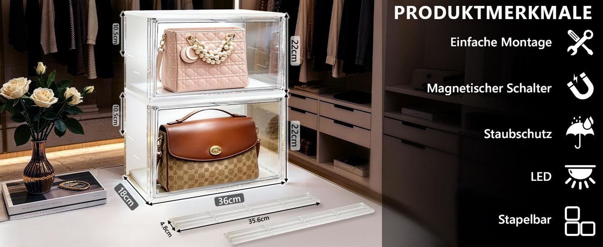 LED Acryl Vitrine 36×22×18cm, 3 Ebenen Transparente Schaukasten mit Magnettür Display Box zur Aufbewahrung & Präsentation für Sammelfiguren