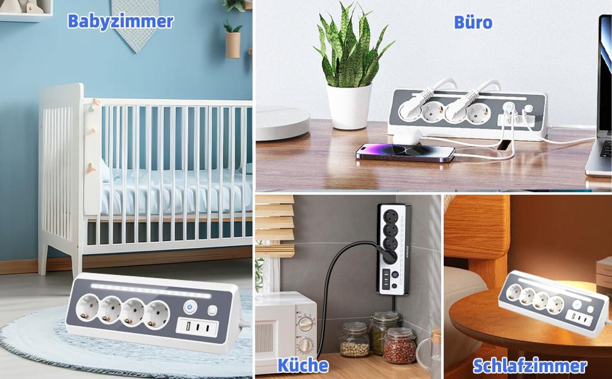 Steckdosenleiste, Steckerleiste, Tischsteckdose, 4 Fach Mehrfachsteckdose, Mehrfachstecker, 16A 3680W Ecksteckdose mit 2 Schalter, für Küche, Büro
