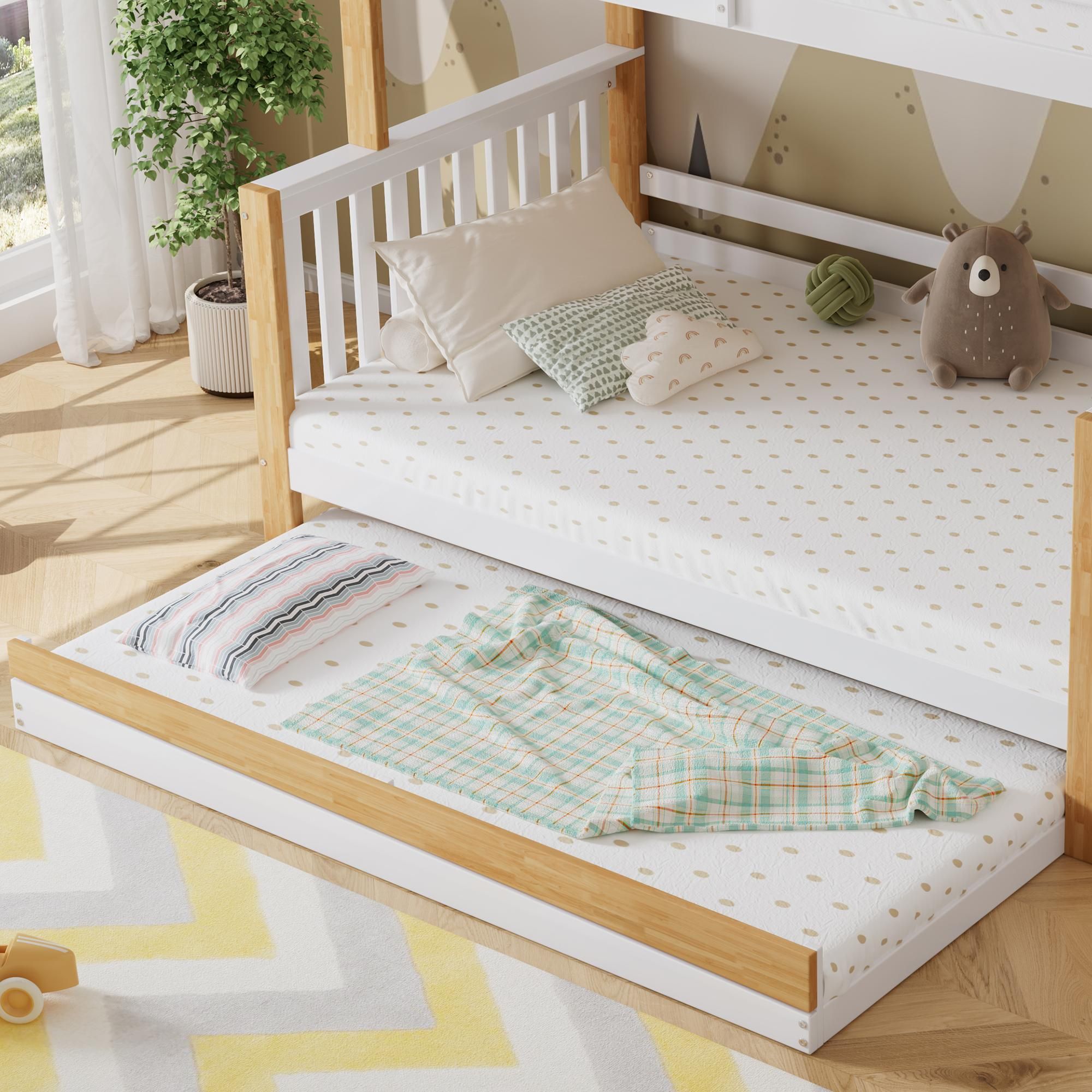 Flieks Etagenbett 90x200/120x200cm mit Ausziehbett, Hochbett mit Treppe und Schubladen, Kinderbett mit Rausfallschutz und Lattenrost, Stockbett Weiß