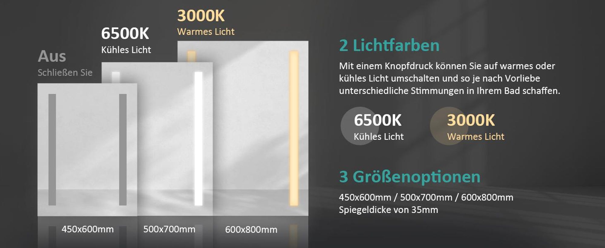 EMKE Badspiegel 45x60cm Badezimmerspiegel mit LED Beleuchtung Tastenschalter und Beschlagfrei 2 Lichtfarbe Warmweiß/Kühlweiß Lichtspiegel IP44 Energiesparend Wandspiegel