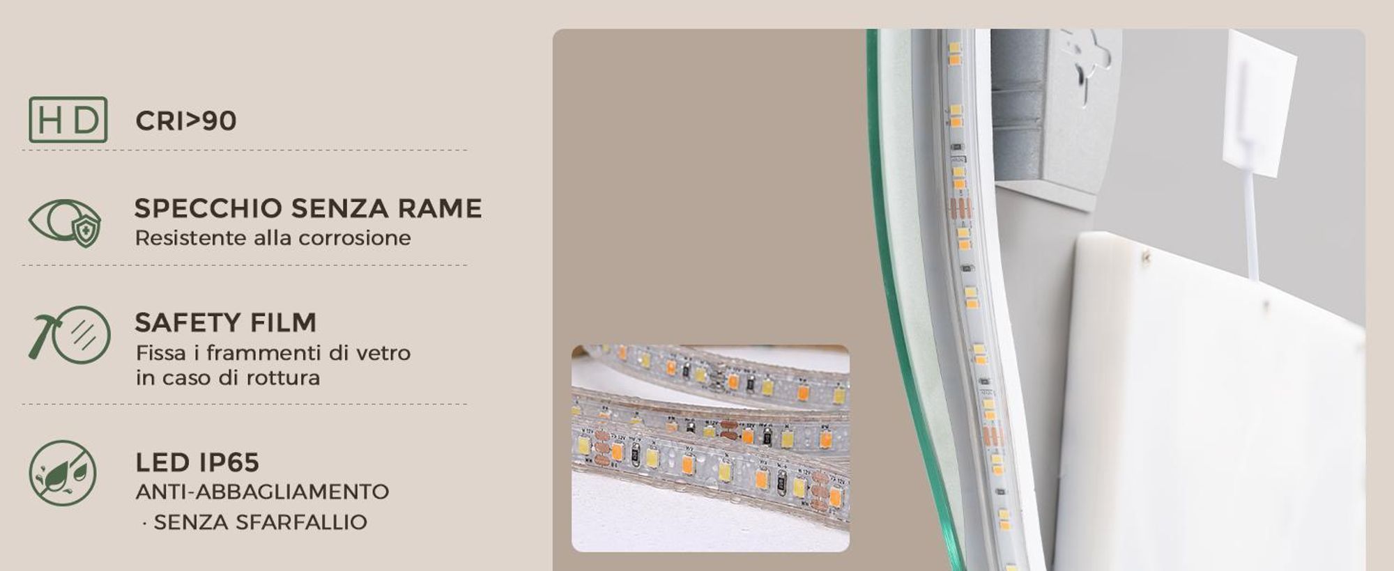 S'AFIELINA Specchio Bagno LED 48 × 72 cm, Asimmetrico, Touch, Senza Cornice,3 colori di luce, dimmerabile, antiappannamento e memoria