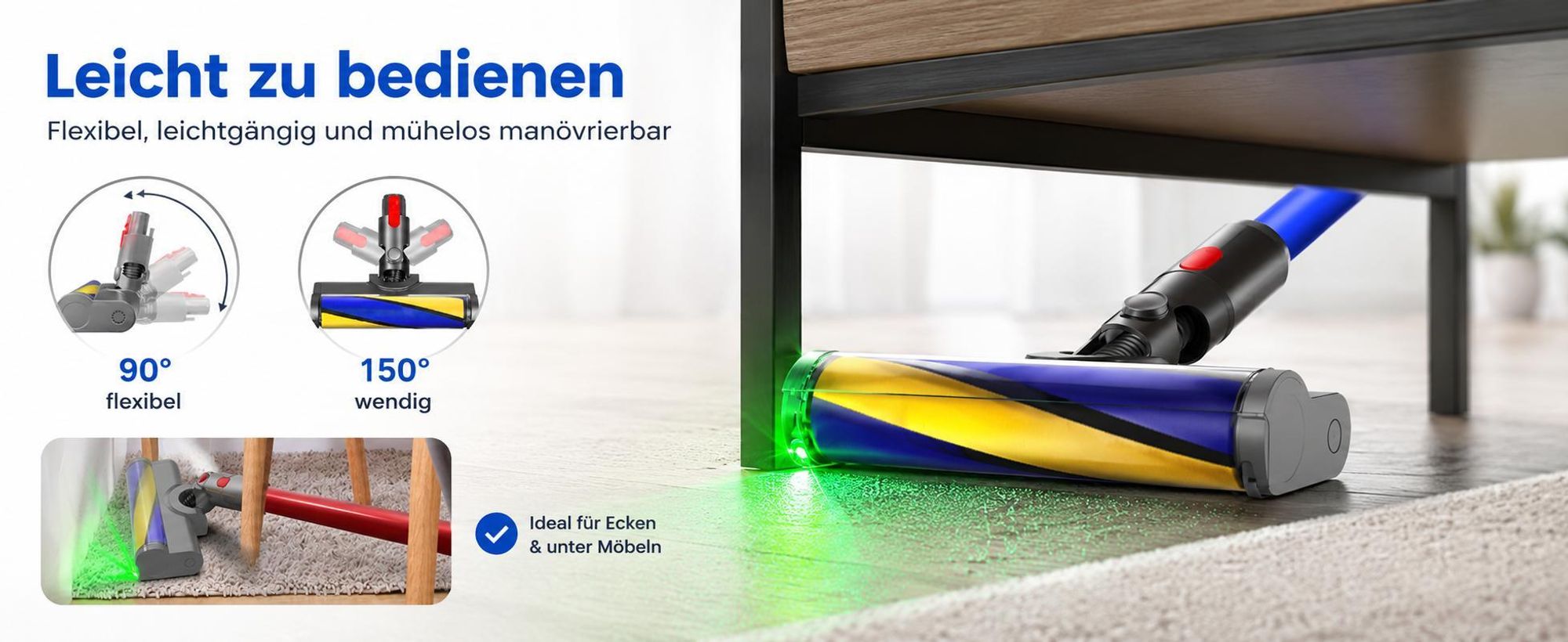 Elektrobürste mit Laser-LED für Dyson V7 V8 V10 V11 V15 – Bürste mit Direktantrieb für Hartböden & Kurzflorteppiche – Bodendüse für Staubsauger