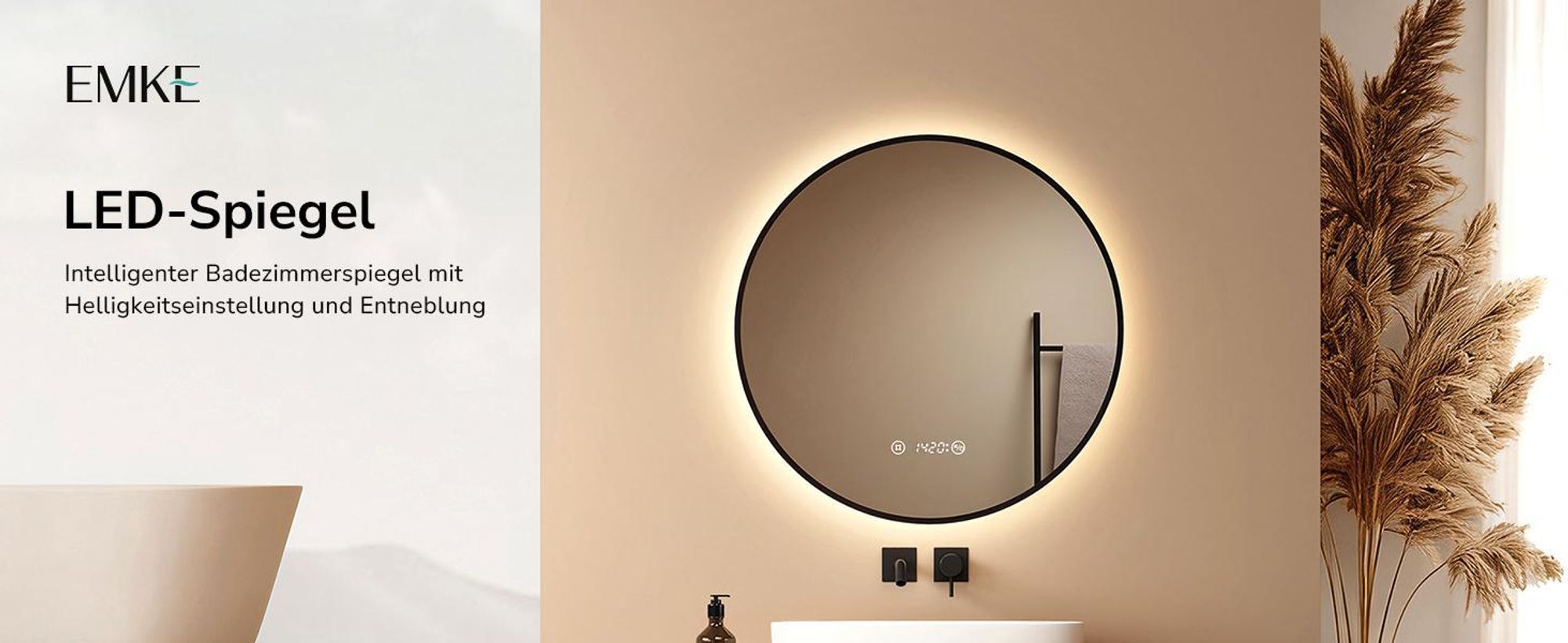 EMKE Badspiegel Rund LED Spiegel mit Beleuchtun ф60cm Schwarzer Rund Badezimmerspiegel mit Beschlagfrei, Uhr, Temperatur, Dimmbar, Memory-Funktion - Neutrale Lichts 4300K