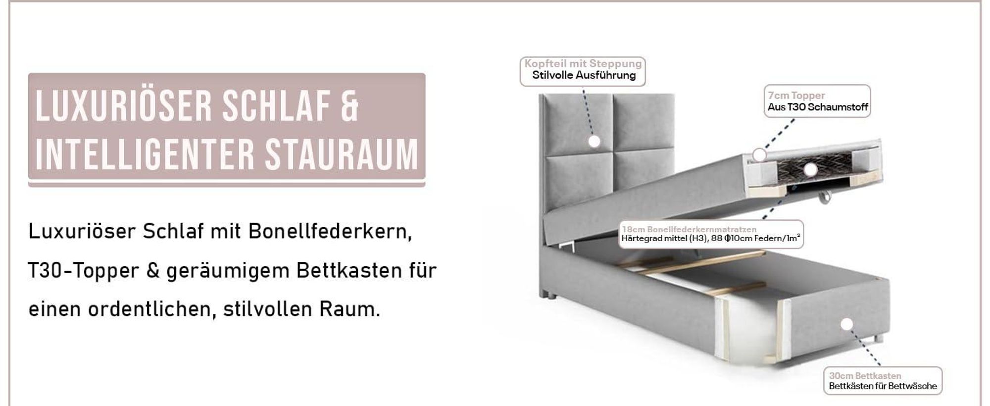Best for Home Boxspringbett mit Bettkasten Trinity K2-SINGLE 70x200 Bonellfederkern inkl. Topper – Blau
