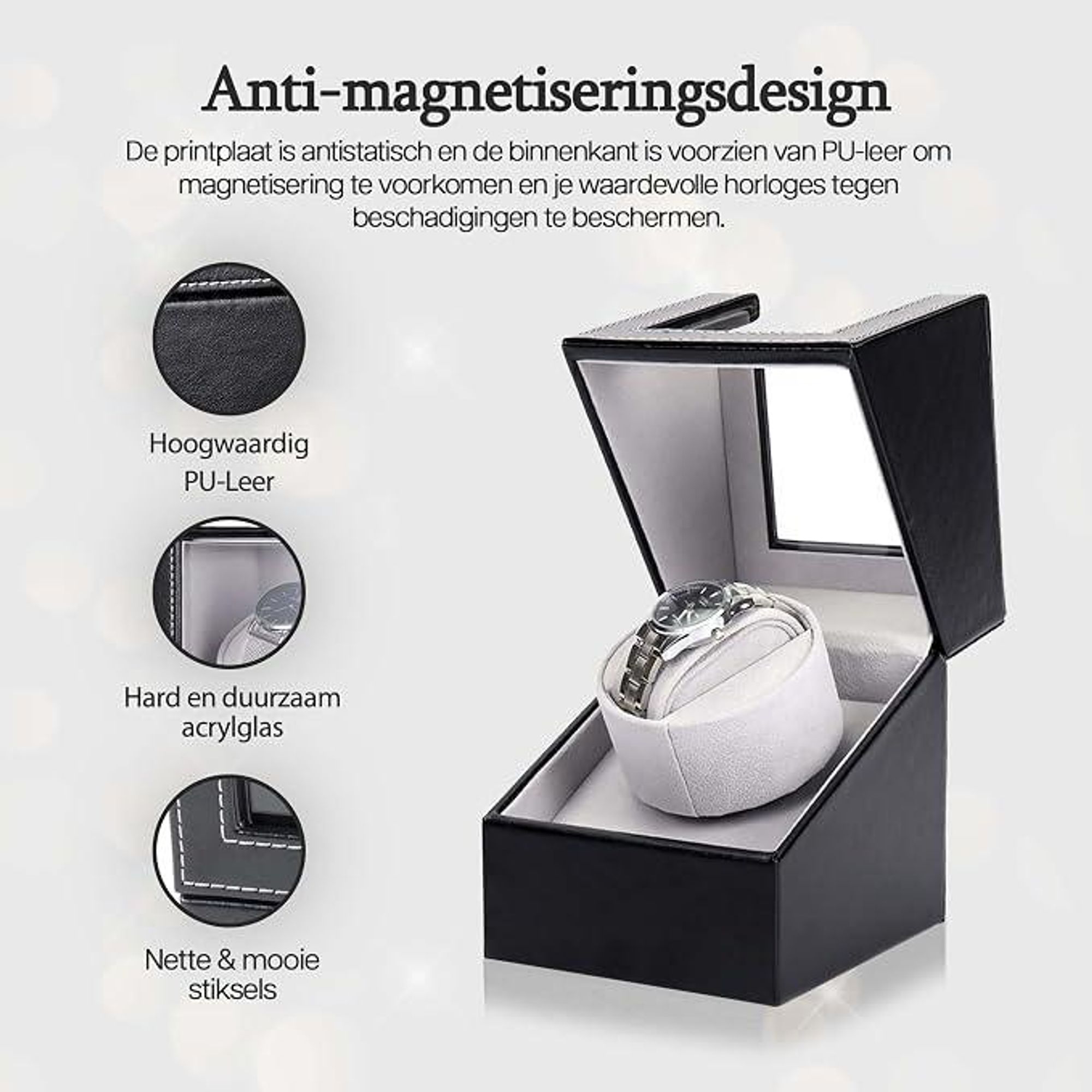 Olvy horlogewinder voor automaat horloges, met een extreem stille motor, een zacht horlogenkussen. Geschikt voor 1 horloge