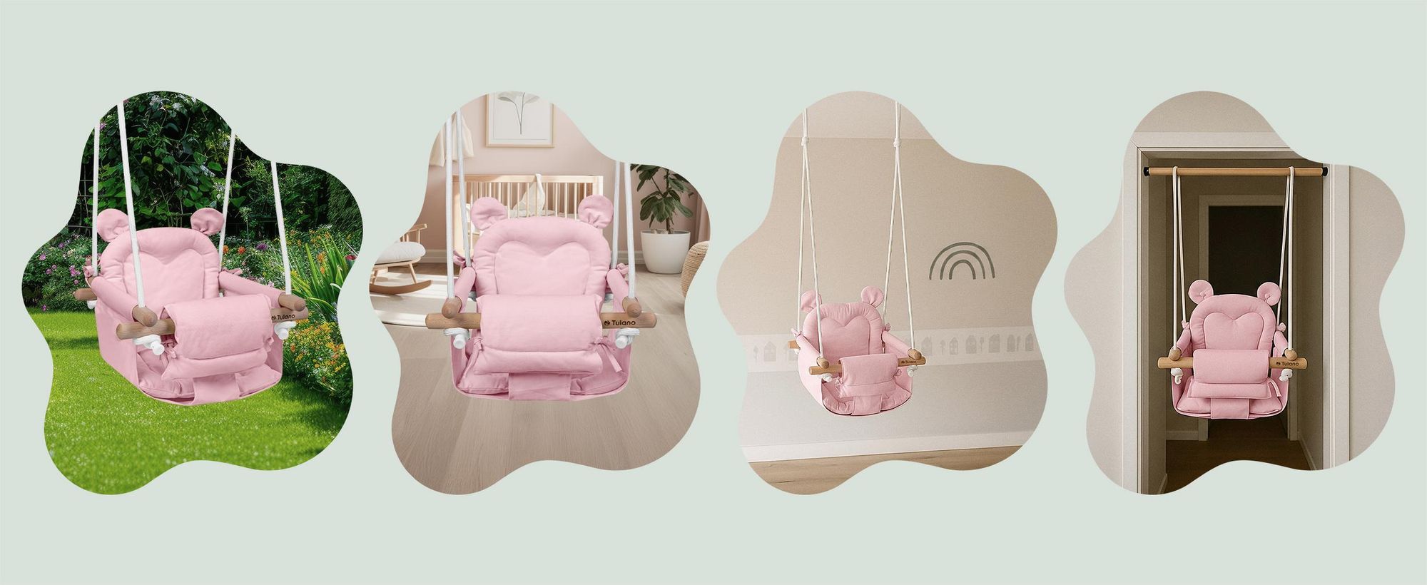 Tulano Hop 30 | Bär Babyschaukel Kinderschaukel | Indoor Outdoor | Sicherheitsgurt | Tragfähigkeit bis 60kg | von 6 bis 36 Monaten | aus Holz | Rosa