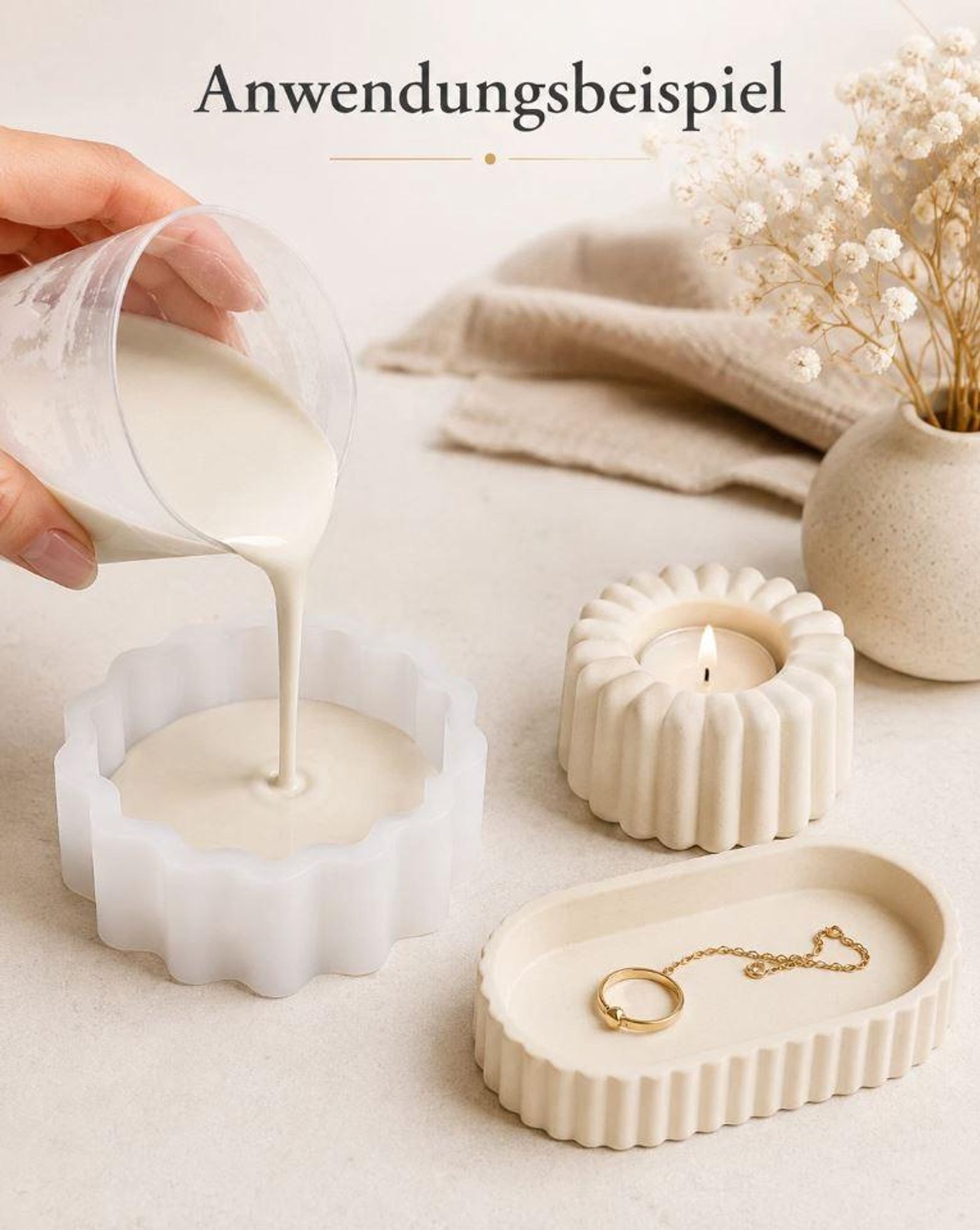 Das Bild zeigt Anwendungsbeispiele des Modelgips Alabaster 1,5kg zum Beispiel ein Kerzenständer