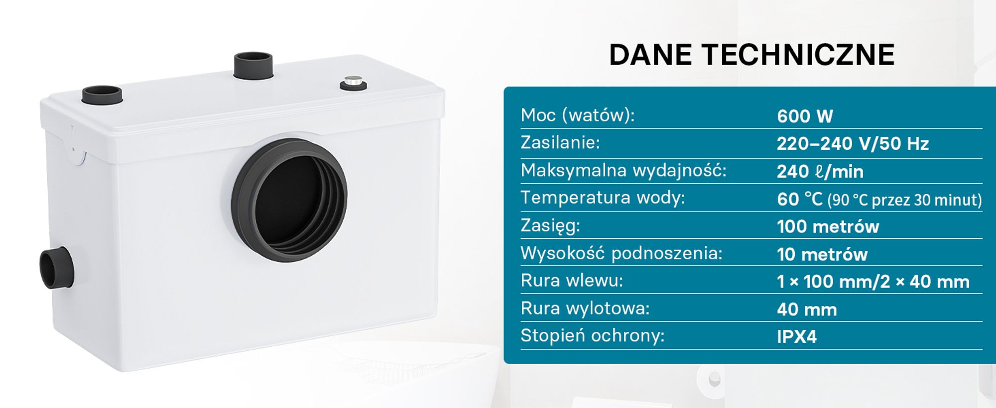 Wiltec 3/1 mały podnośnik 600 W z rozdrabniaczem, podnośnik o wysokości do 10 m, podnośnik ścieków z 3 wlotami, podnośnik fekaliów do WC i prysznica