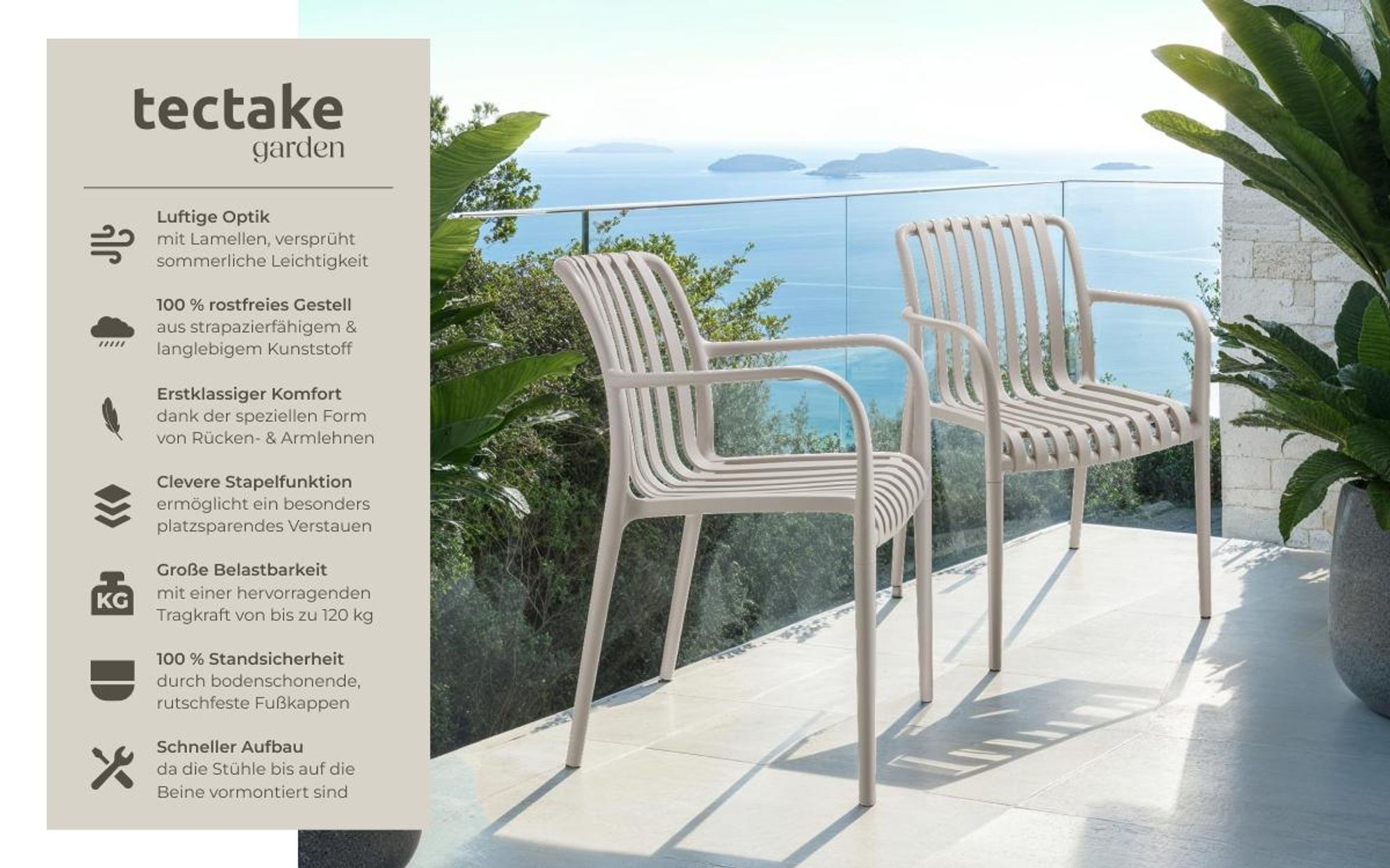 tectake® Gartenstühle Alcudia, wetterfest, stapelbar