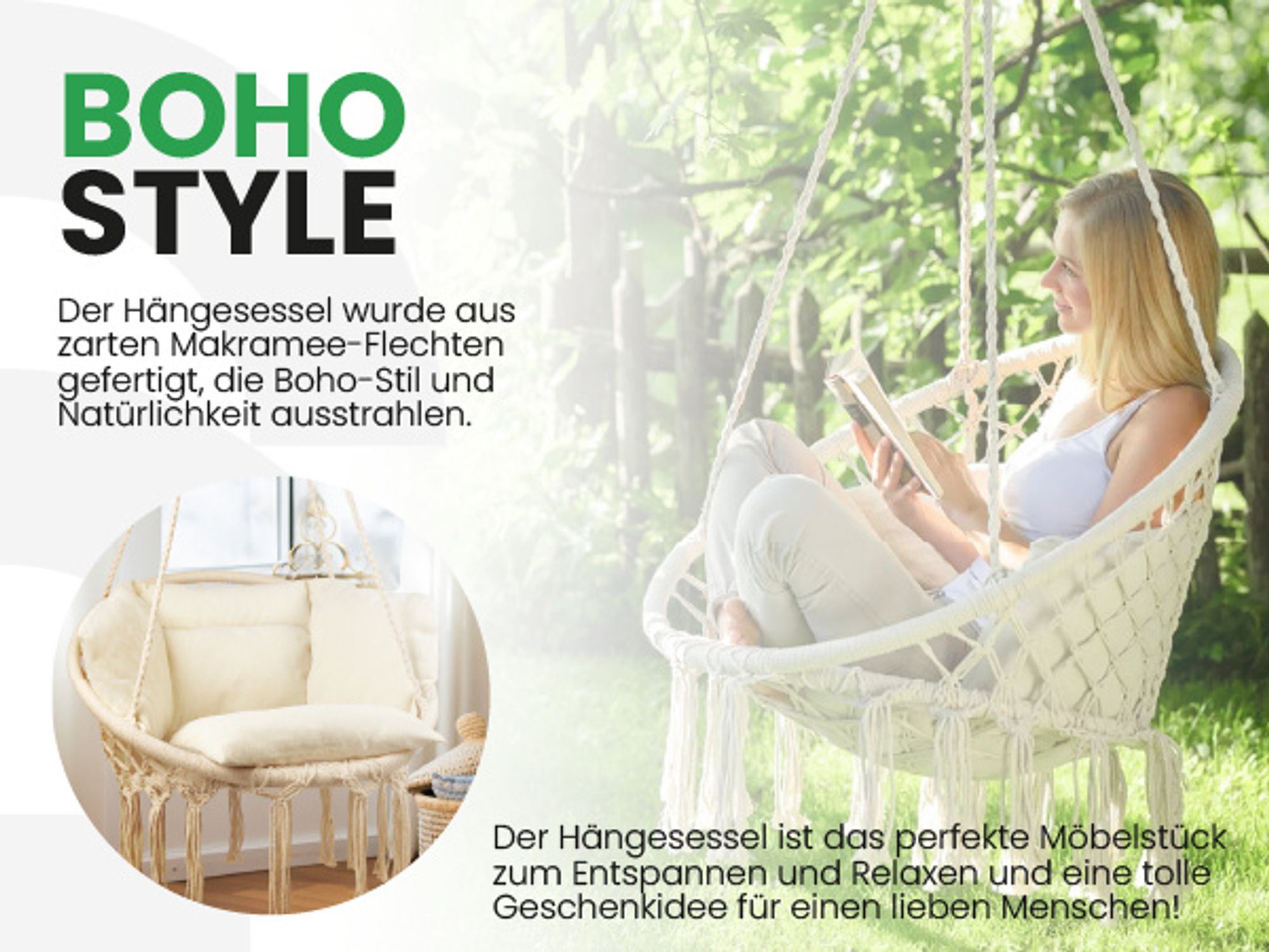 Hängesessel Garten Hängeschaukel Hängesitz Storchennest mit Kissen Grau für Terrasse