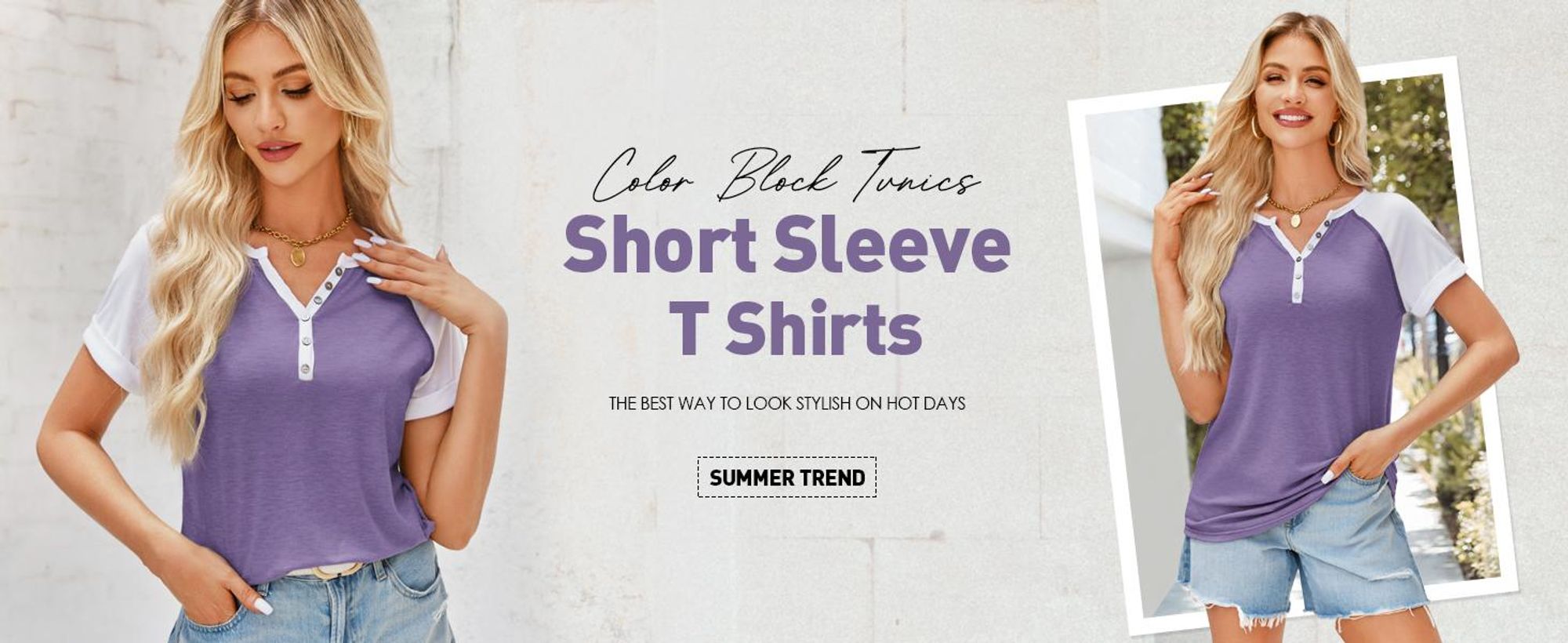 Kurzarm-Sommer-T-Shirt für Damen, Henley-Kragen, kontrastierende Raglanärmel,Größe:M