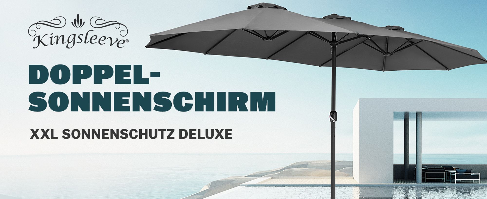 KINGSLEEVE® Sonnenschirm 460x270 cm UV Schutz 80+ Schutzhülle Kurbel Stabil Groß Garten Terrasse Balkon Doppelter Marktschirm Gartenschirm Anthrazit