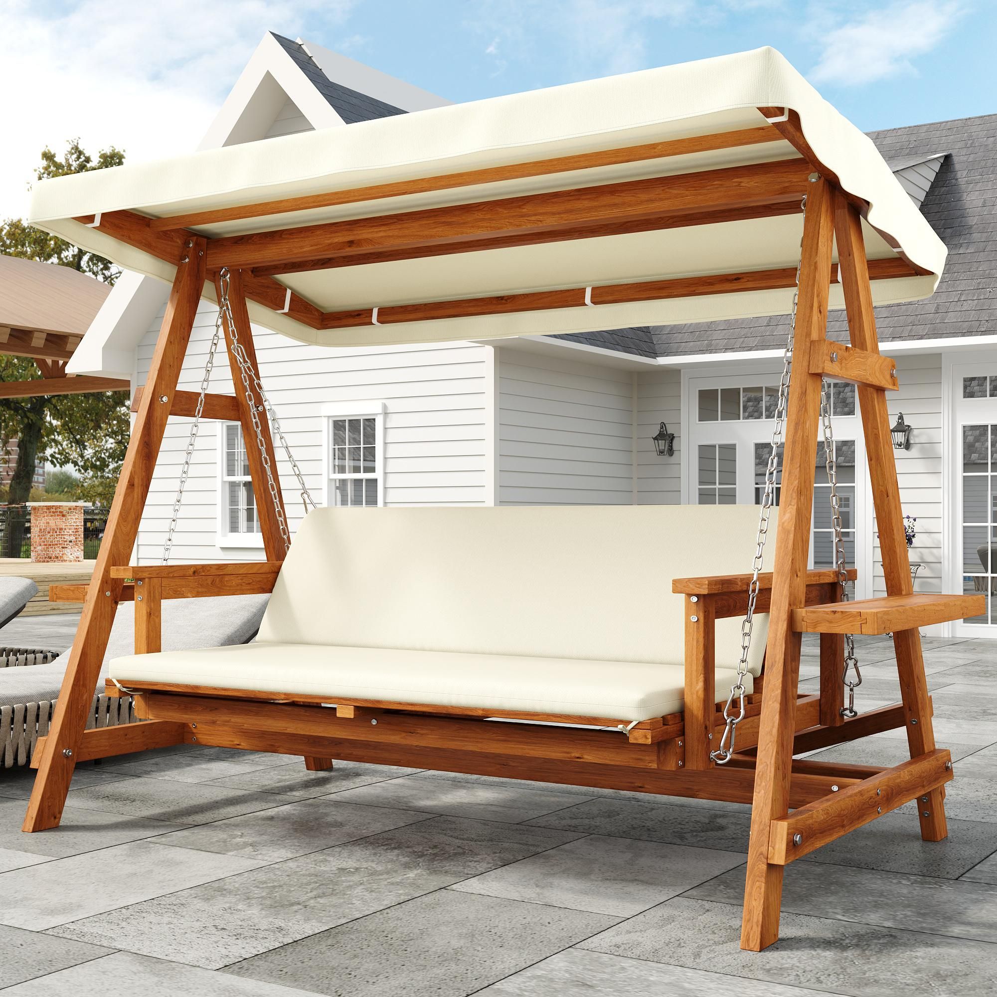 Flieks Hollywoodschaukel 3-Sitzer mit Sonnendach & Ablage, Gartenschaukel Hängesessel mit Kissen, Gartenmöbel Balkonschaukel, 199x177x188cm, Holzfarbe