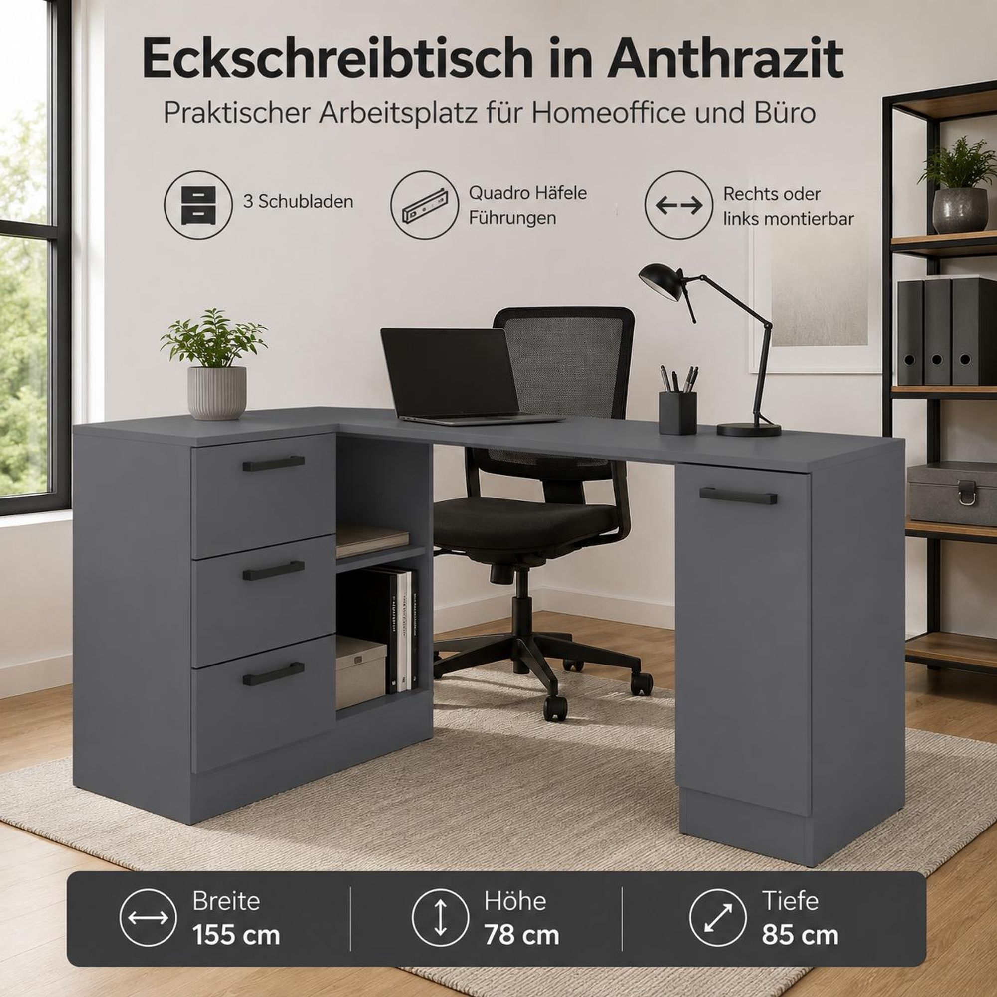 Anthrazitfarbener Eckschreibtisch im Homeoffice mit Laptop und Bürostuhl.