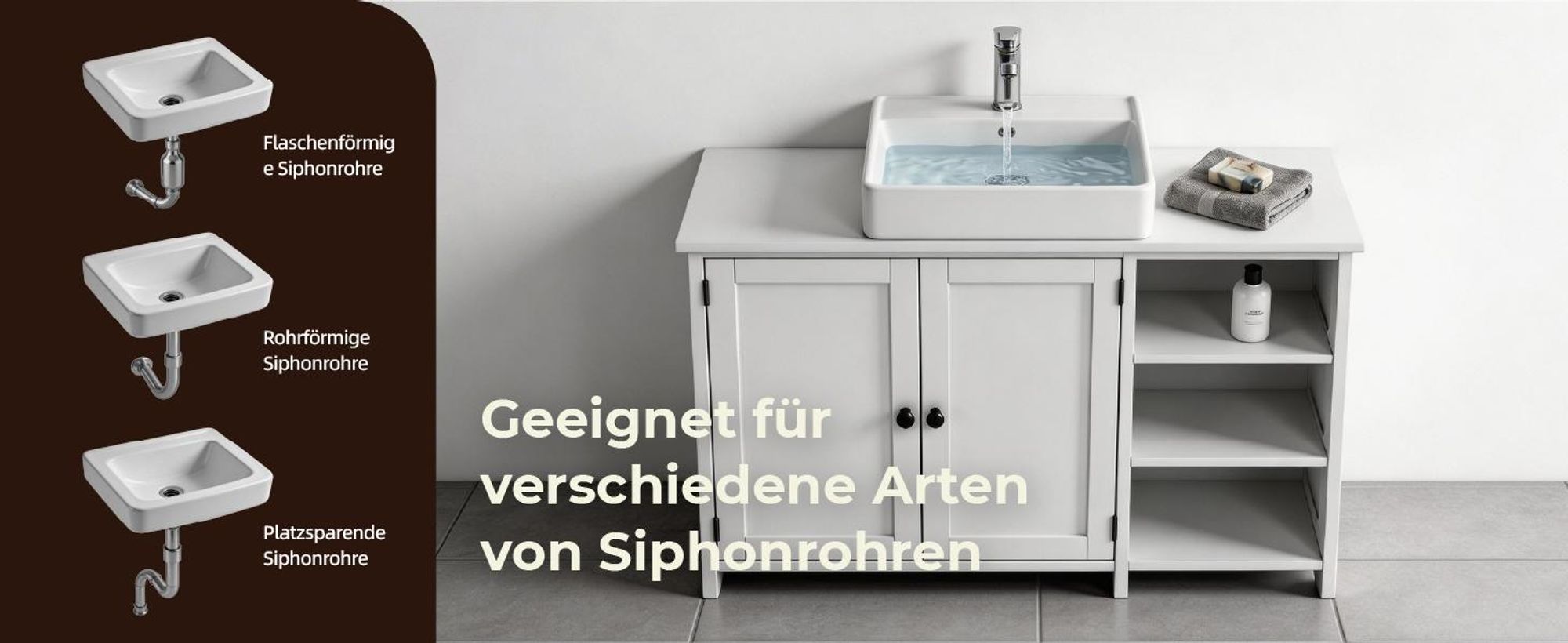FCH Waschbeckenunterschrank mit 2 Türen und 3 offenen Fächern, Badezimmerschrank, 90x30x60,5cm, Weiß