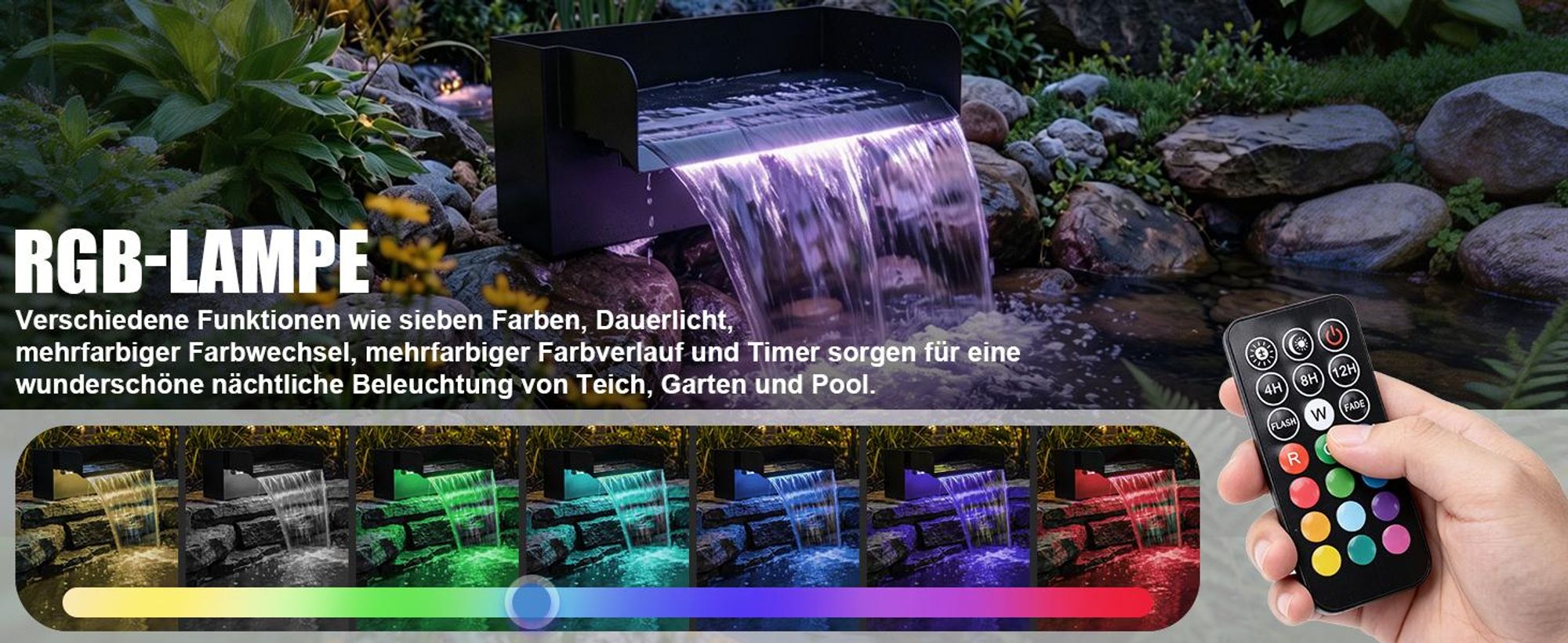 LED Pool Wasserfall mit UVC-Lampe & RGB Wasserspiel 3000L/H Teichpumpe mit Filter 31cm Edelstahl Teichwasserfall für Terrasse Bachläufe Gartenteiche
