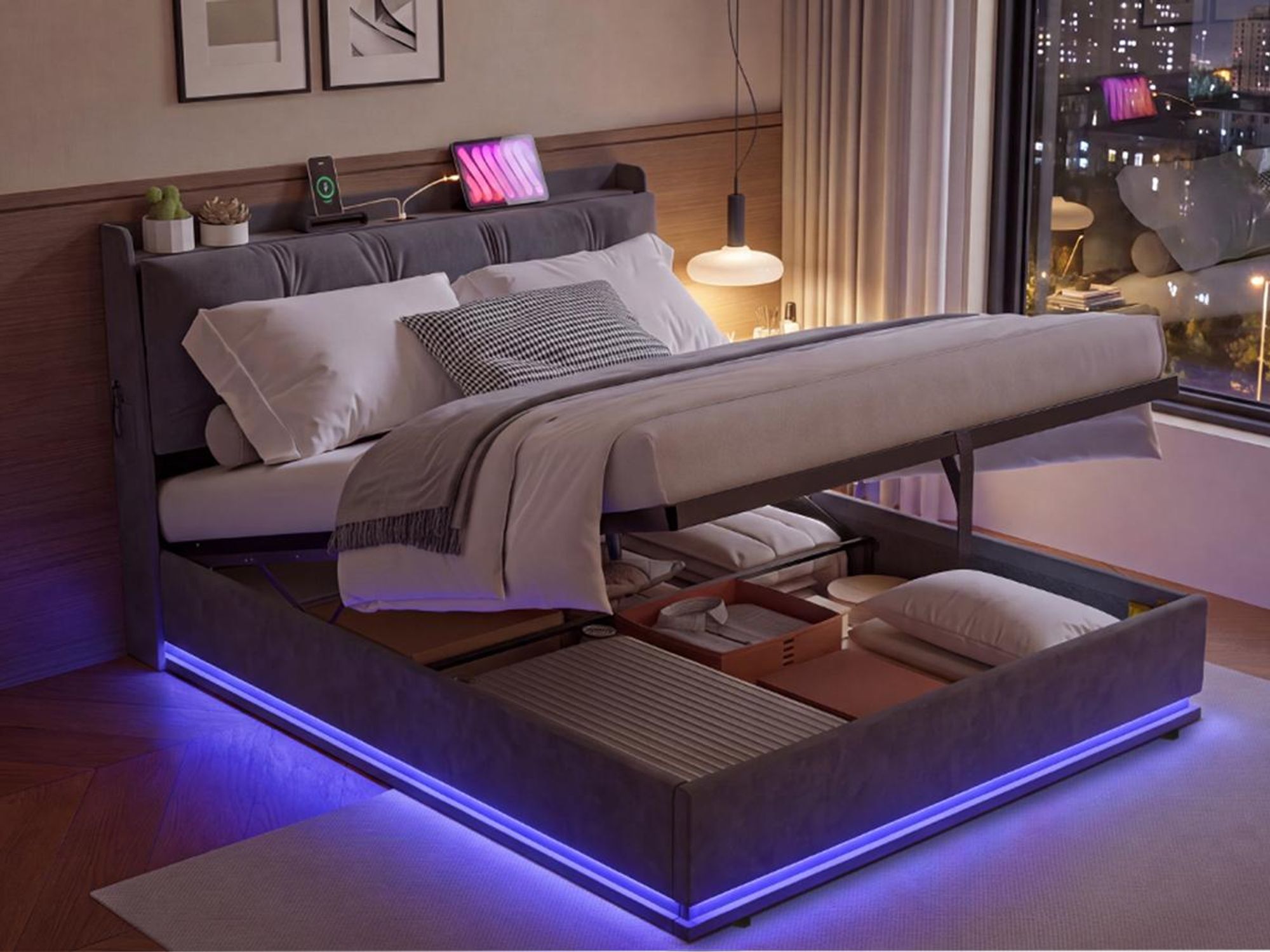 INONEFT Boxspringbett Polsterbett 160x200 mit LED und USB,Hydraulisches Stauraumbett mit Kopfteil und Lattenrost,Doppelbett Jugendbett,Samt,Grau