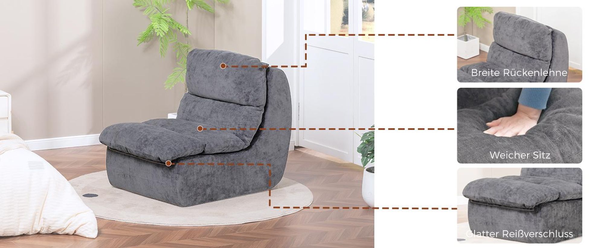 COMHOMA Sofa Relaxsessel TV-Sessel Fernsehsessel Ruhesessel mit tiefer Sitzfläche Einzelsofa Schaumstoffliege, Keine Montage, Grau