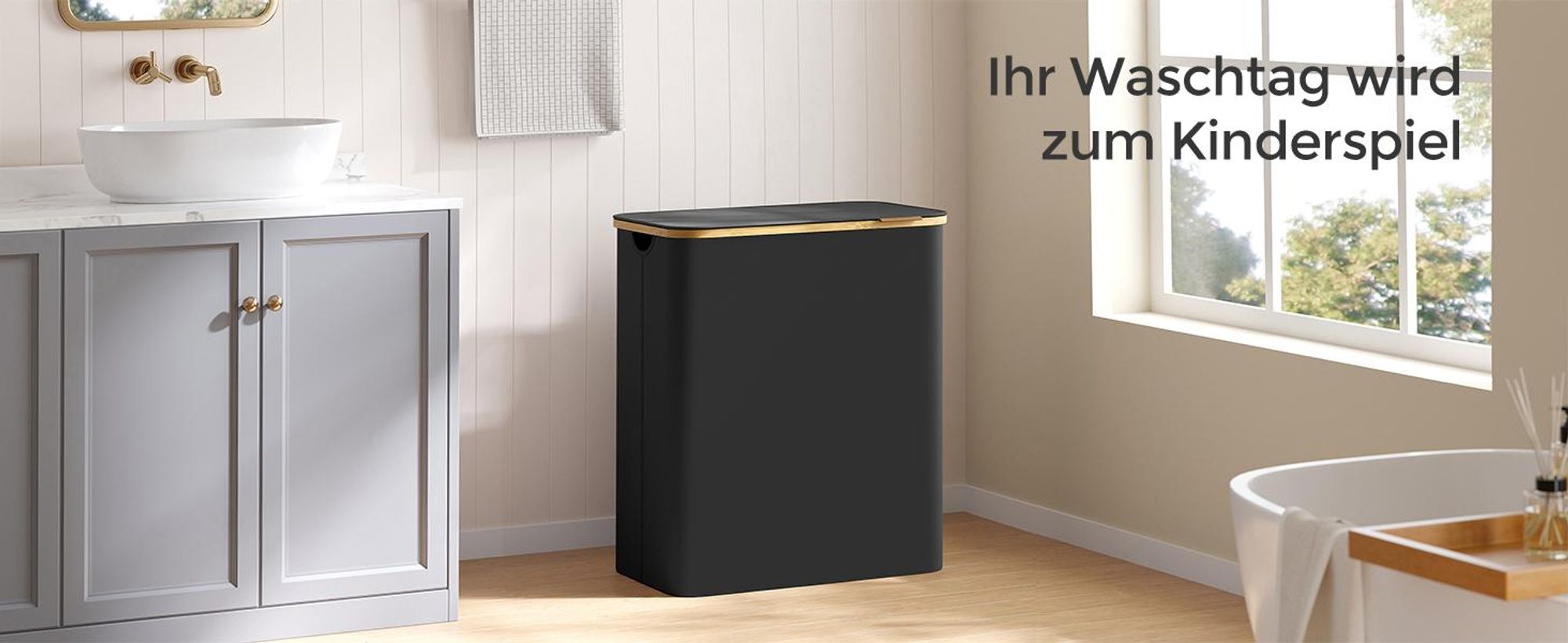 SONGMICS Wäschekorb mit Deckel, 3 Fächern, 150 L, herausnehmbarer Wäschesack, Griffe aus Bambus