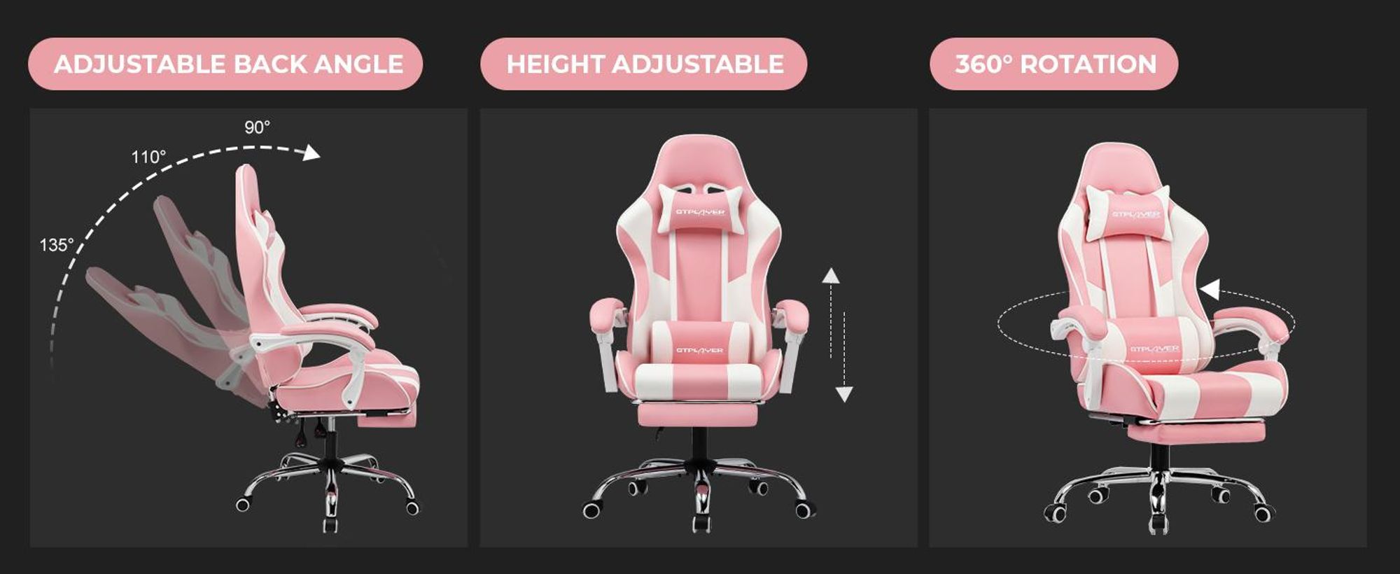 Krzesło do gier LUCKRACER, ergonomiczny fotel do gier z funkcją masażu wibracyjnego, poręcz ramy, wysuwany podnóżek różowy