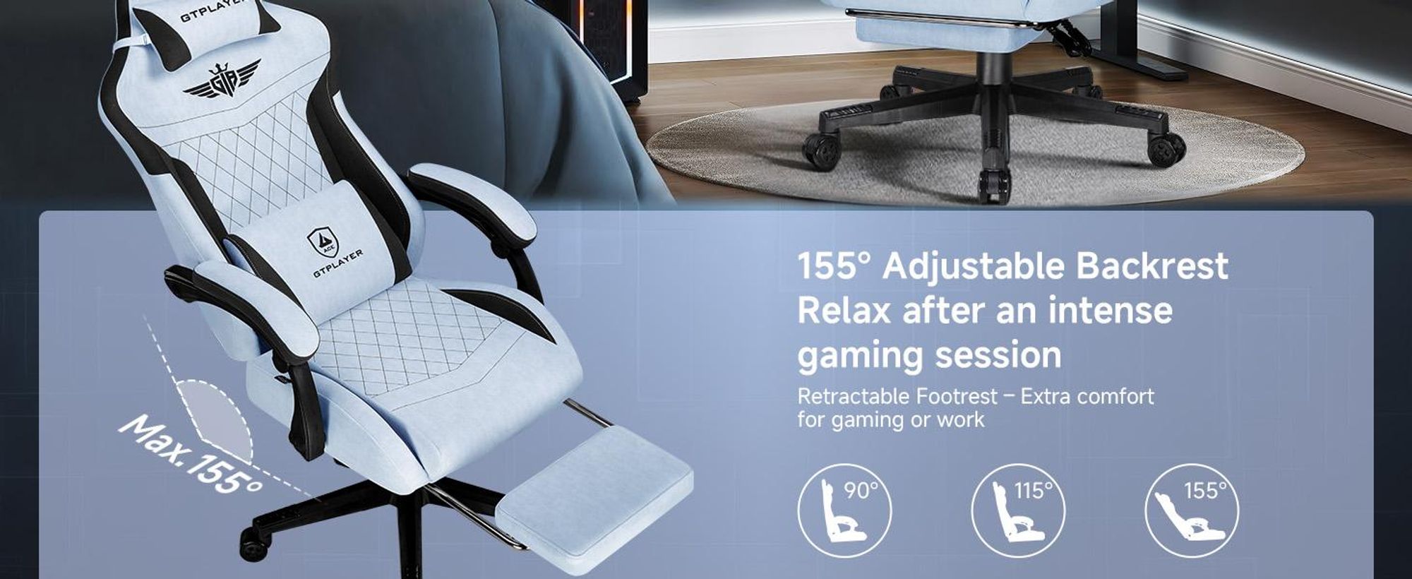 GTPLAYER fotel gamingowy, ergonomiczny fotel dla graczy wykonany z wysokiej jakości flaneli z podparciem lędźwiowym, fotel PC z poszerzonym oparciem, 150 KG