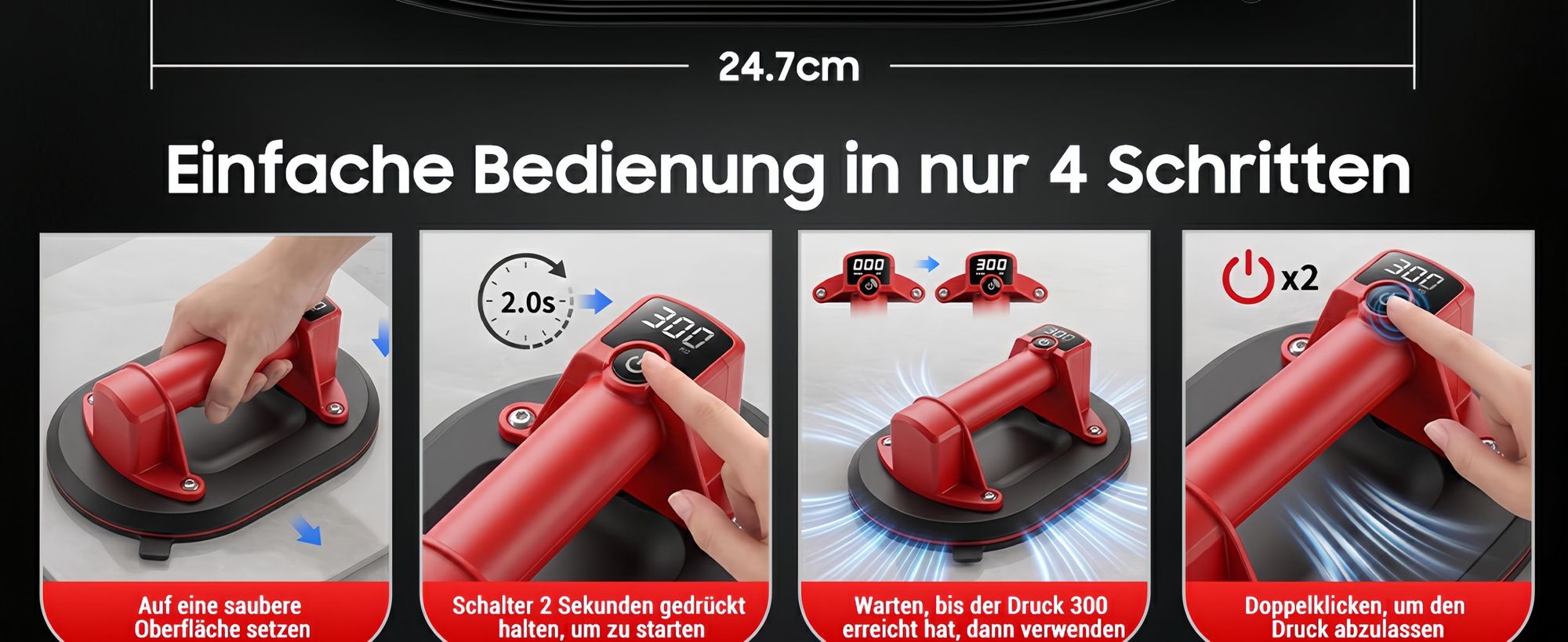 Akku Saugheber 300 kg, 10 Zoll Elektrischer Vakuumheber mit Digitalanzeige & Auto-Nachsaugen, für Fliesen, Glas & Stein