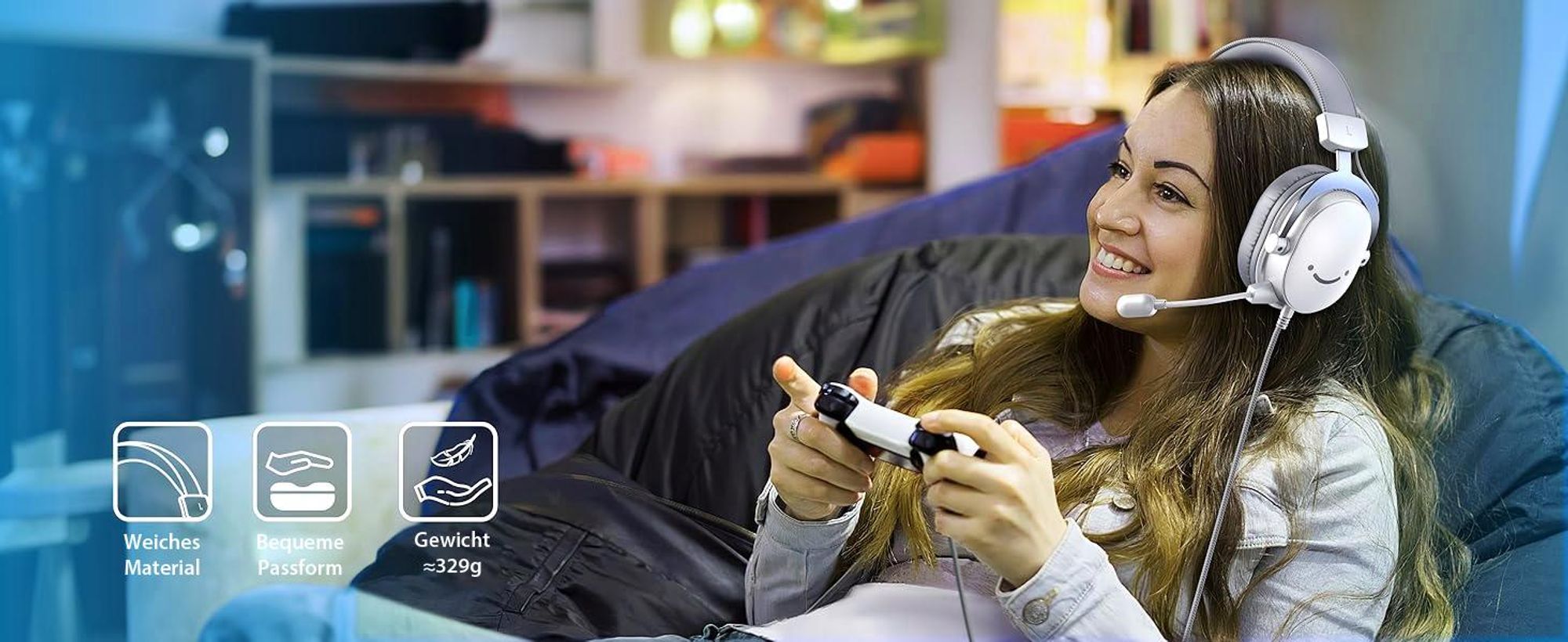 Fifine Headset Over-Ear Gaming-Headset mit Mikrofon Abnehmbar USB Headset mit Kabel, Weiß