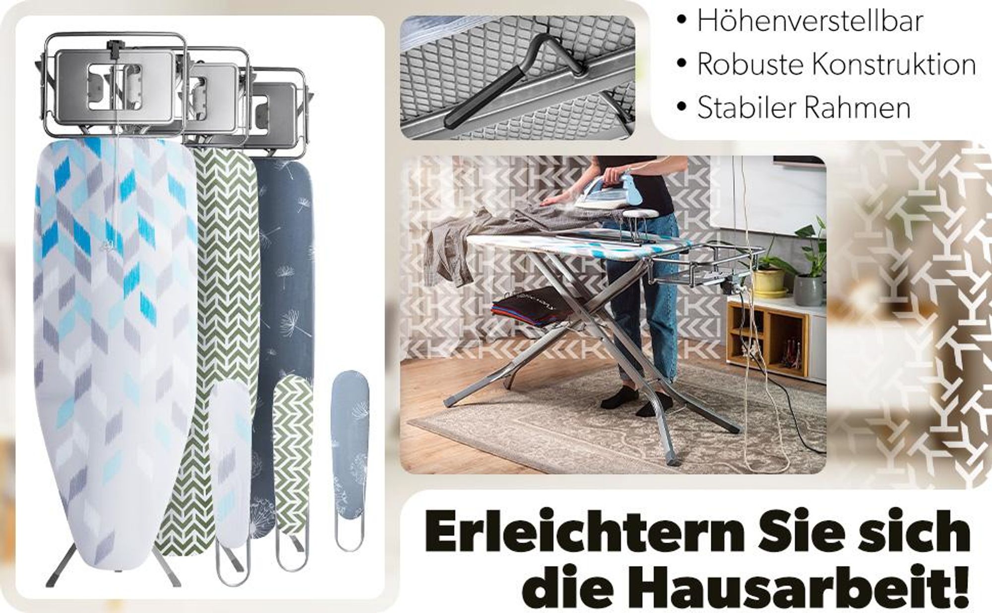 KADAX Bügelbrett mit Steckdose "Aleglo", Bügeleisenablage und Ärmelbügeltisch, 130cm, Blau