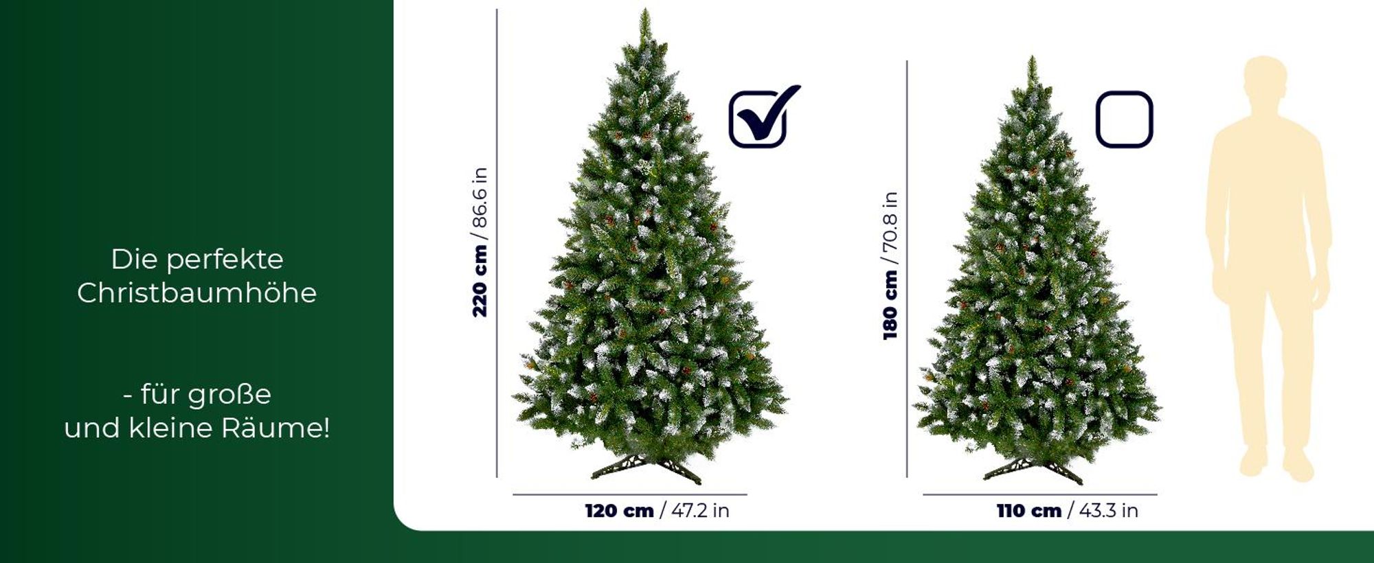 KADAX künstlicher Weihnachtsbaum mit Raureif und Zapfen 220 cm, grün Tannenbaum mit 521 Zweigen