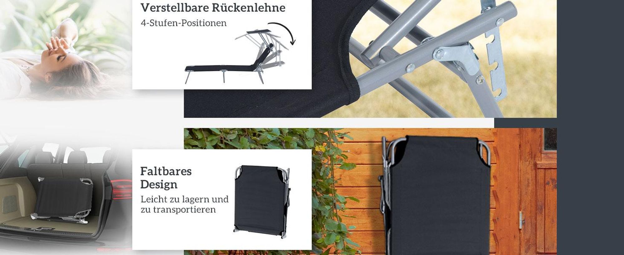 Outsunny Sonnenliege Gartenliege Relaxliege Dreibeinliege Liege Klappbar Schwarz