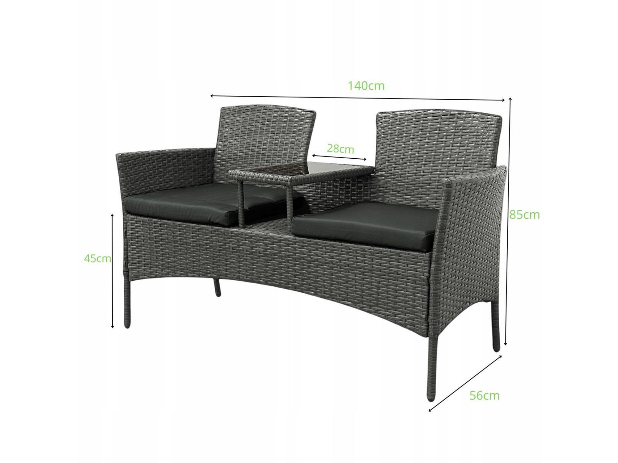 BETTSO Polyrattan Gartenbank ARNA 2-Sitzer Grau - Duo Gartensofa mit Tisch & Kissen Graphit - Wetterfest & Platzsparend - Balkon & Terrasse - 140cm