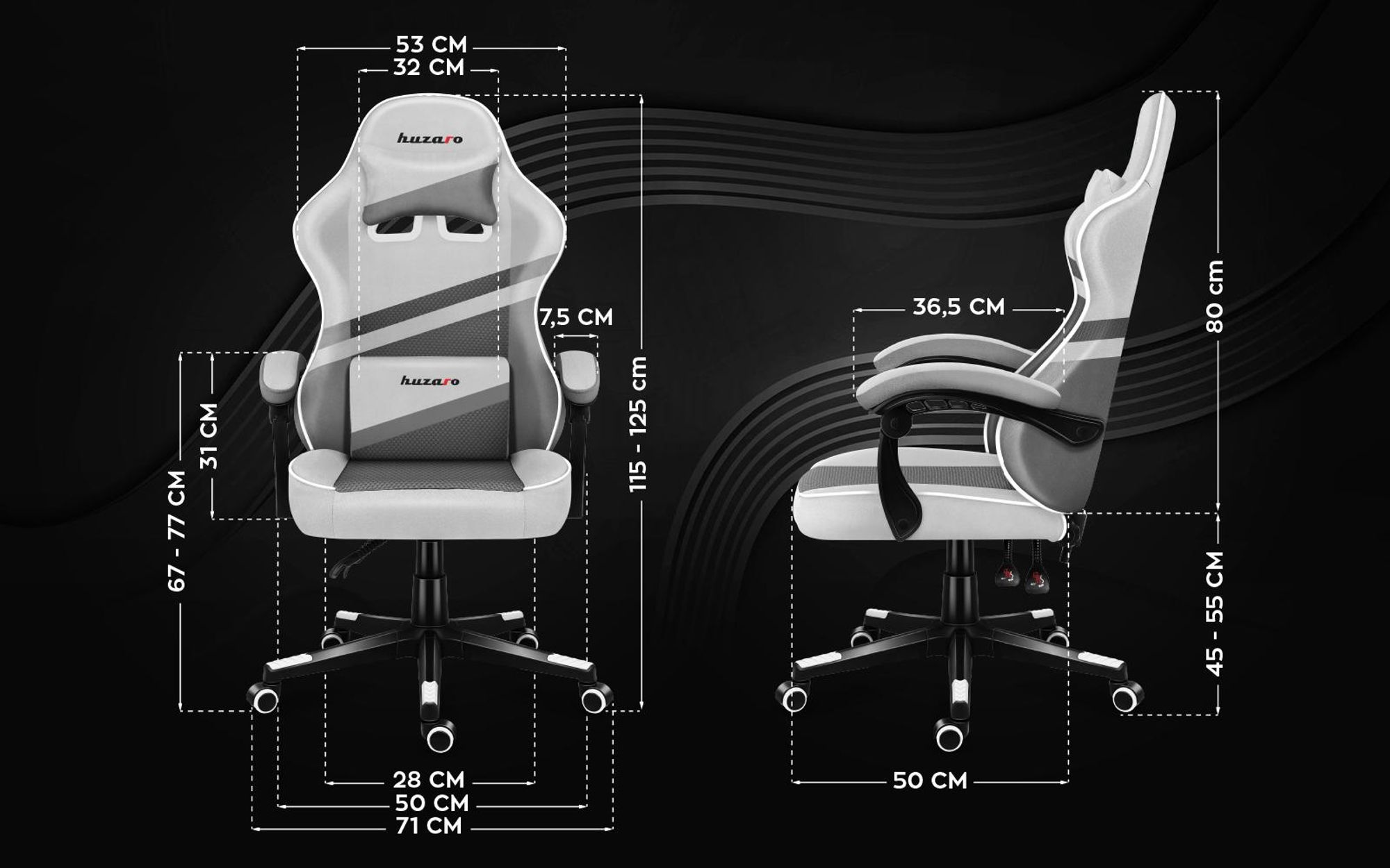 Huzaro Force 4.4 | Gaming Stuhl Bürostuhl Schreibtischstuhl Ergonomischer | Kopfstütze Lendenkissen Höhenverstellbar Wippfunktion | Stoff | Weiß