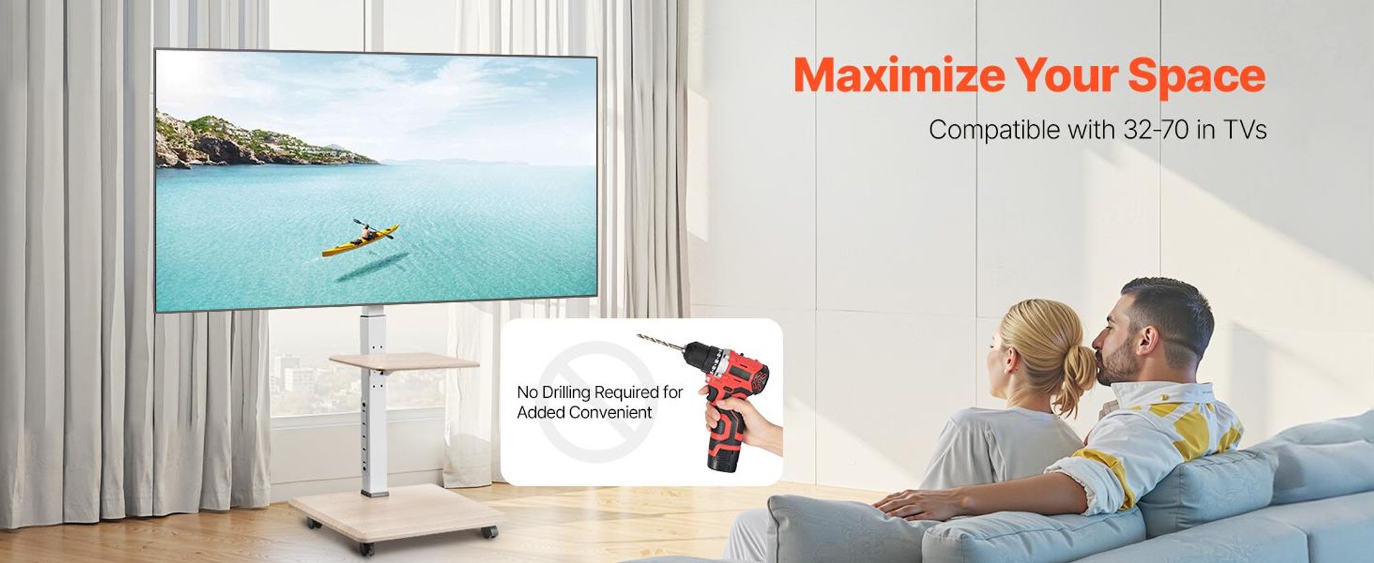 VEVOR TV-Ständer mit Rollen für 812,8–1778 mm große Fernseher bis 40 kg, 25° nach links und rechts schwenkbar und höhenverstellbarer TV-Ständer (max. 600 x 400 mm)