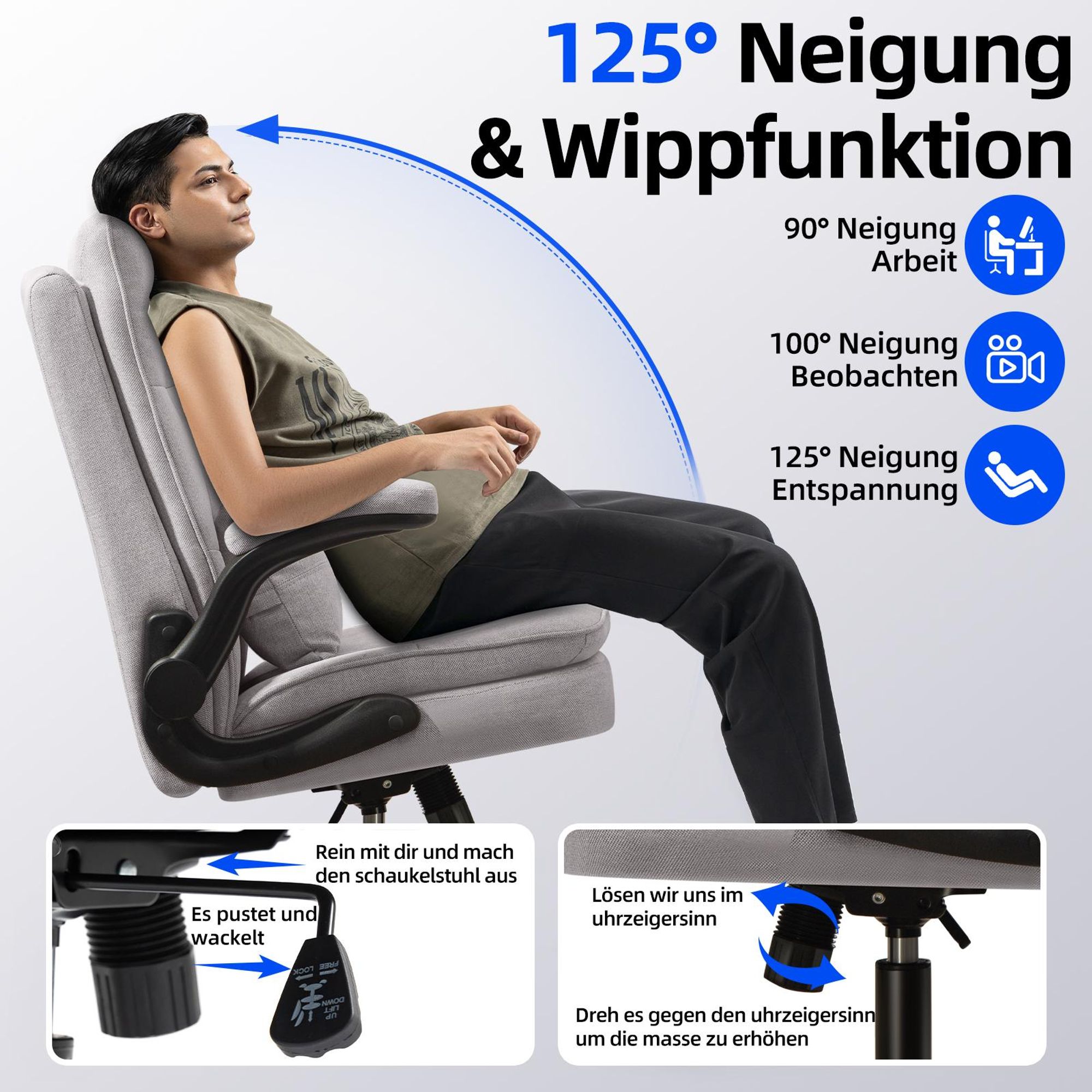 Bürostuhl mit 125° Rückenneigung und Wippfunktion