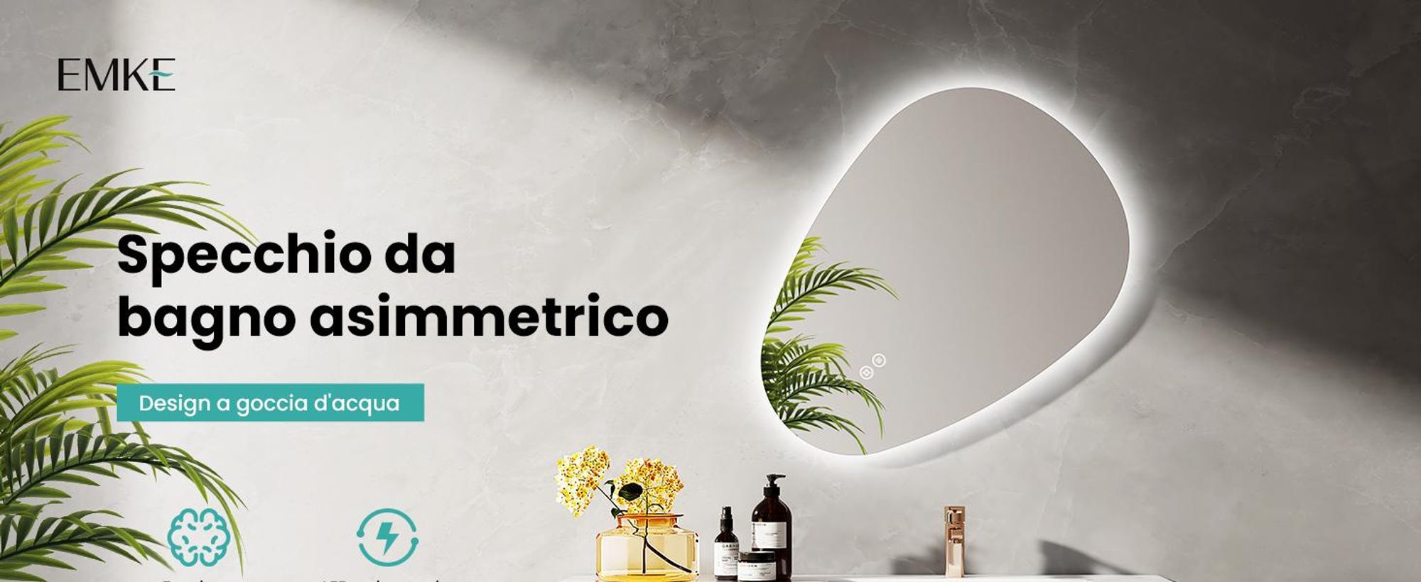 EMKE Specchio da bagno con illuminazione 60 x 45 cm Specchio da bagno asimmetrico, specchio da bagno con 3 colori di luce Dimmerabile, antiappannamento, interruttore a sfioramento