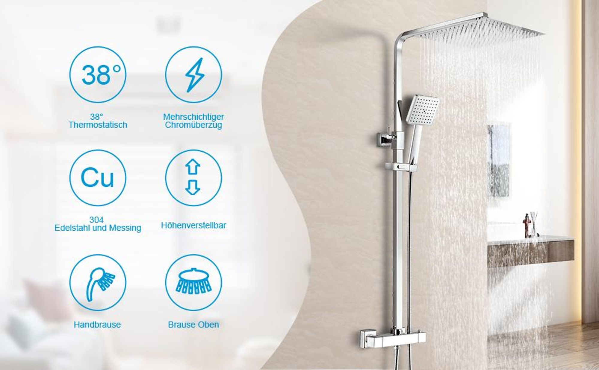 Heilmetz Regendusche Duschsystem mit Thermostat, 30x30 cm Kopfbrause & Handbrause, Duschstange Höhenverstellbar (Chrom)