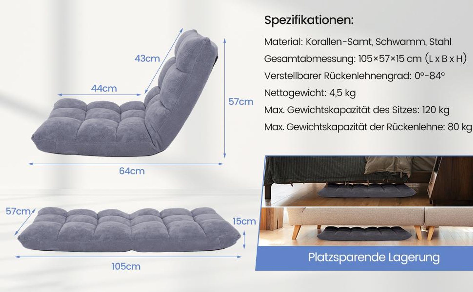 COSTWAY Bodenstuhl verstellbar, Bodensessel gepolstert, Bodenkissen mit Rückenlehne, Meditationsstuhl Fensterstuhl (schwarz)