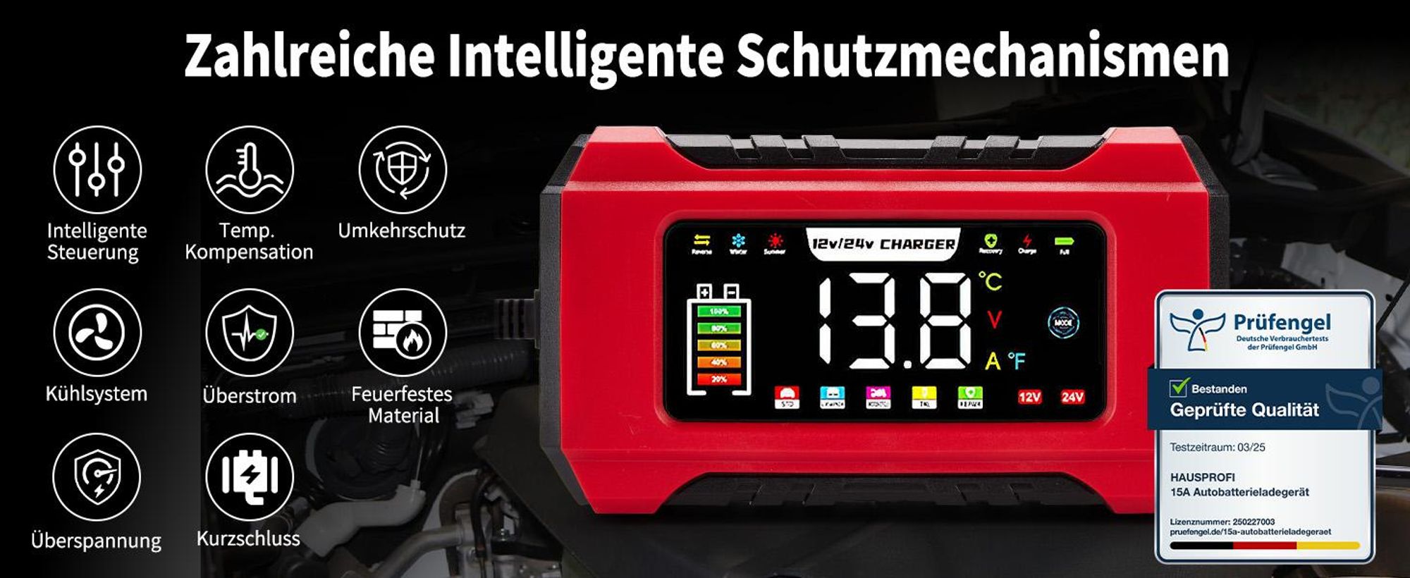 15A KFZ Batterieladegerät, Autobatterie ladegerät 12V/24V mit Reparaturmodus und Erhaltungsladung für Auto, LKW, Motorrad, Boot