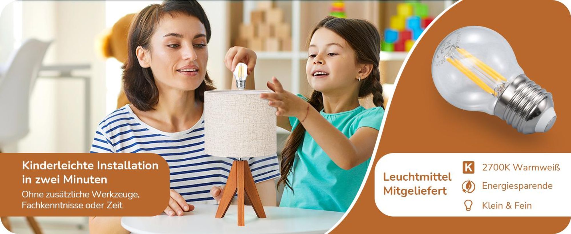 EDISHINE Nachttischlampe mit Schirm, Tischlampe Holz, Vintage Landhaus, Orange