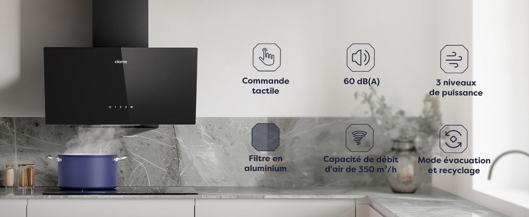 CIARRA A++ Hotte d'aspiration 60cm Hotte libre de tête 350 m³/h Hotte inclinée sans tête Montage mural Hotte d'aspiration SensorTouch VMB6750C