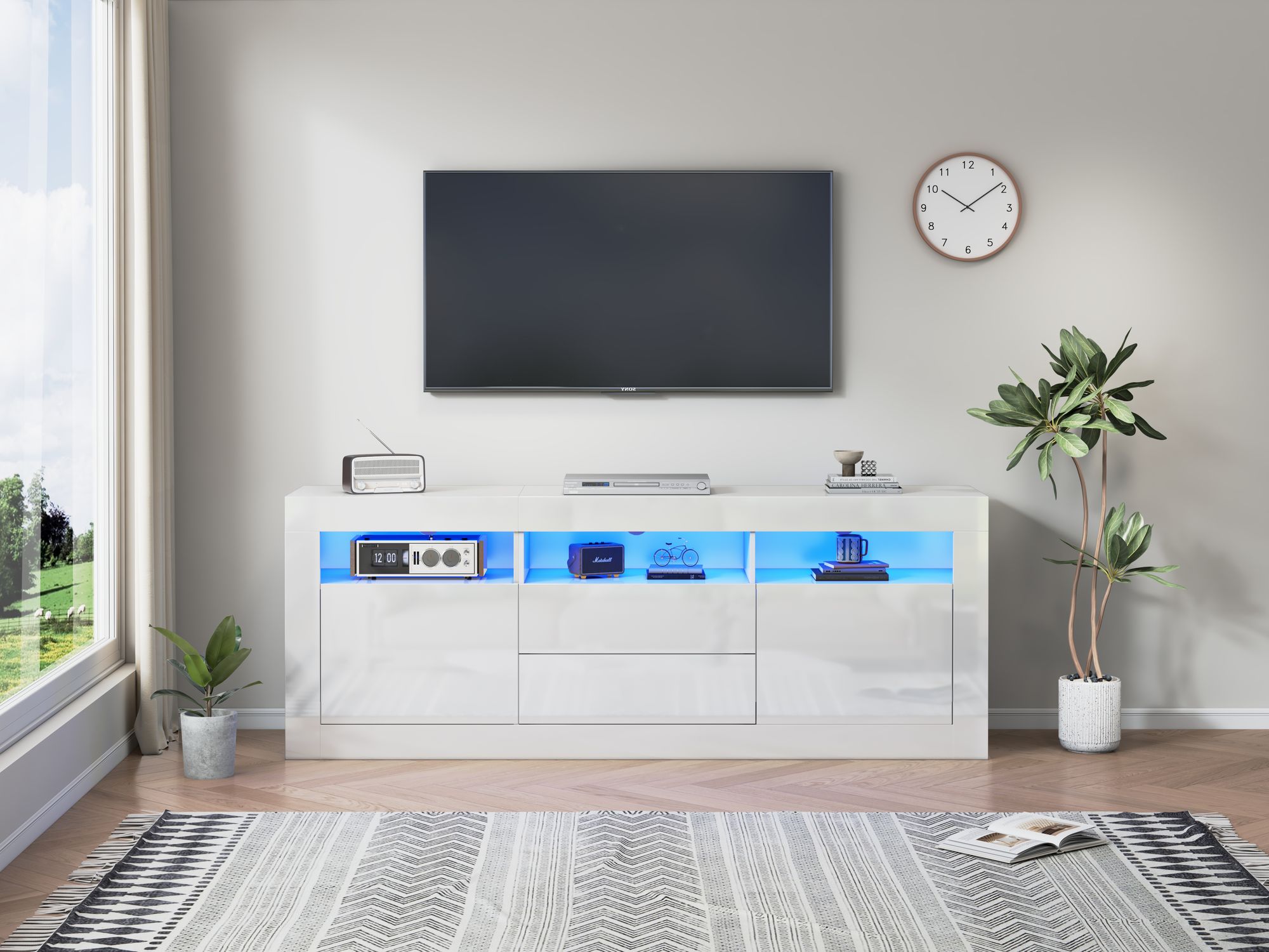 Merax TV-Schrank mit Hochglanzfronten und LED-Beleuchtung, TV-Lowboard mit 3 offenen Fächern und 2 Schubladen, Smart App Steuerung, 160cm Breit, Weiß