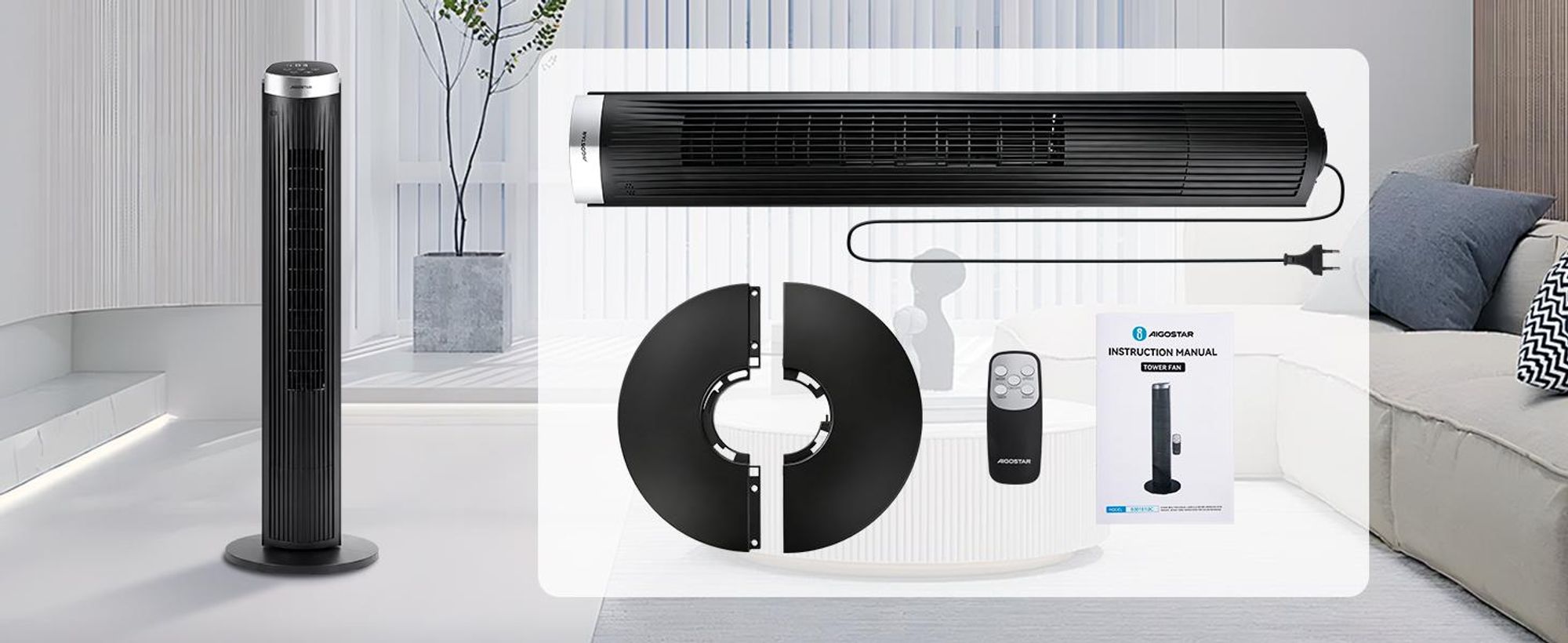 Aigostar - 45W Turmventilator mit Fernbedienung, 4 Modi, 3 Geschwindigkeiten, 12H Timer, 65 °Oszillation
